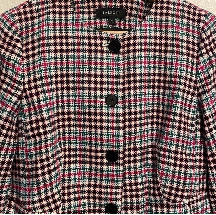 Talbots Women’s Wool Blend Plaid Blazer Jacket Size 6 /Pink, Green, Black, White