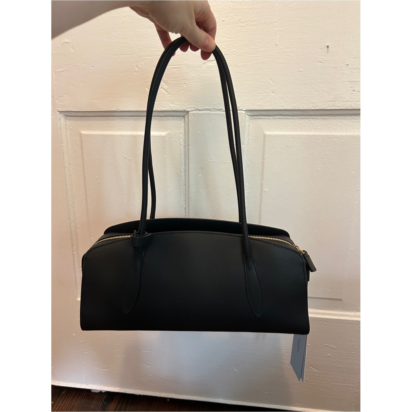 Parisa Wang Gabrielle East-West Shoulder Bag Black Gold Zip and Padlock Accent