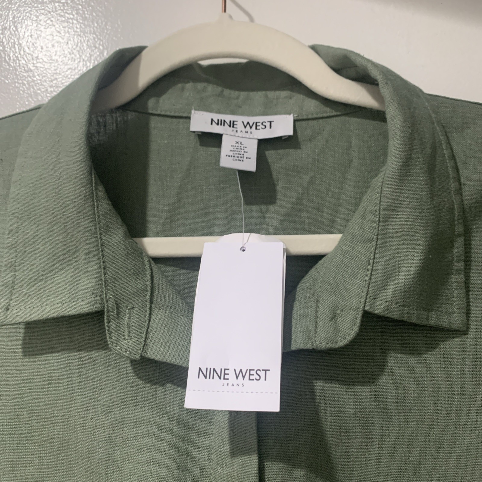 NWT Nine West XL Sea Spray (sage Green) Linen SS PKT Shirt Extra Button Included