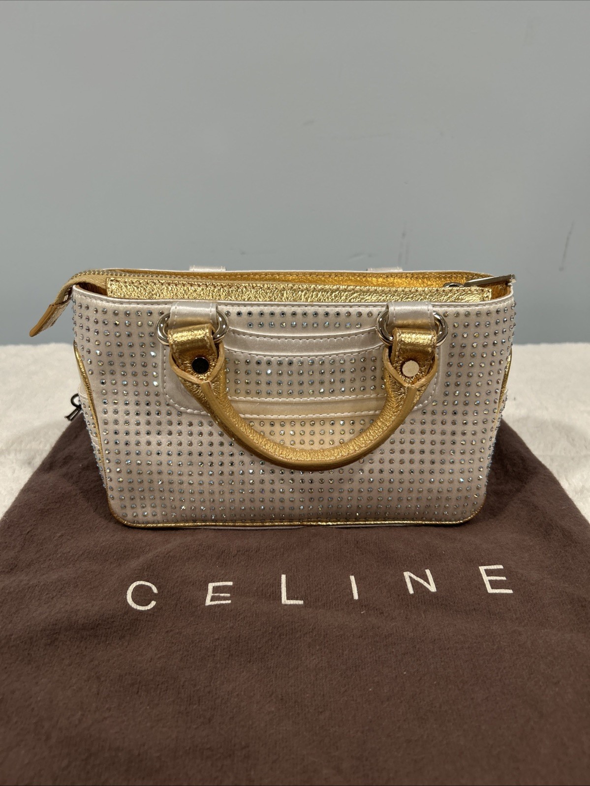 NWT VTG Authentic Celine White Satin Swarovski Crystal Embellished Boogie Bag