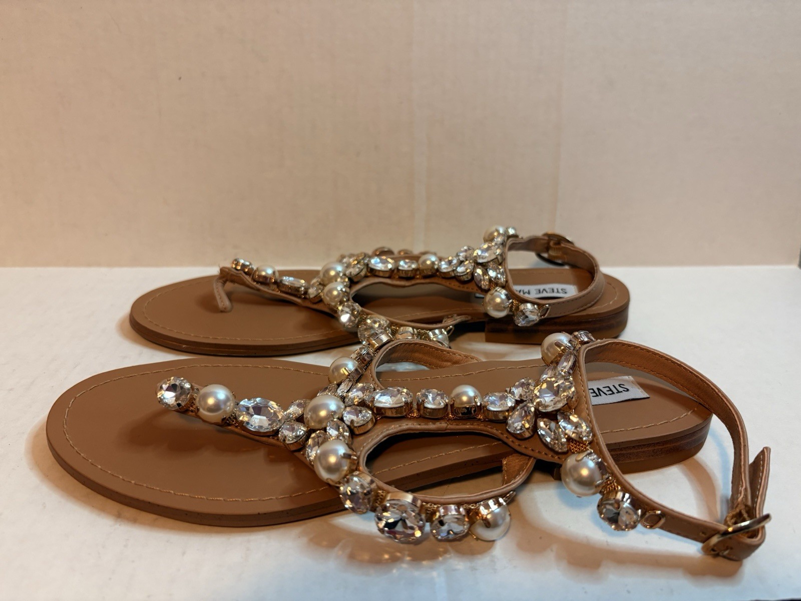 Steve Madden Chantel Embellished Thong Sandals Tan Womens Size 9M