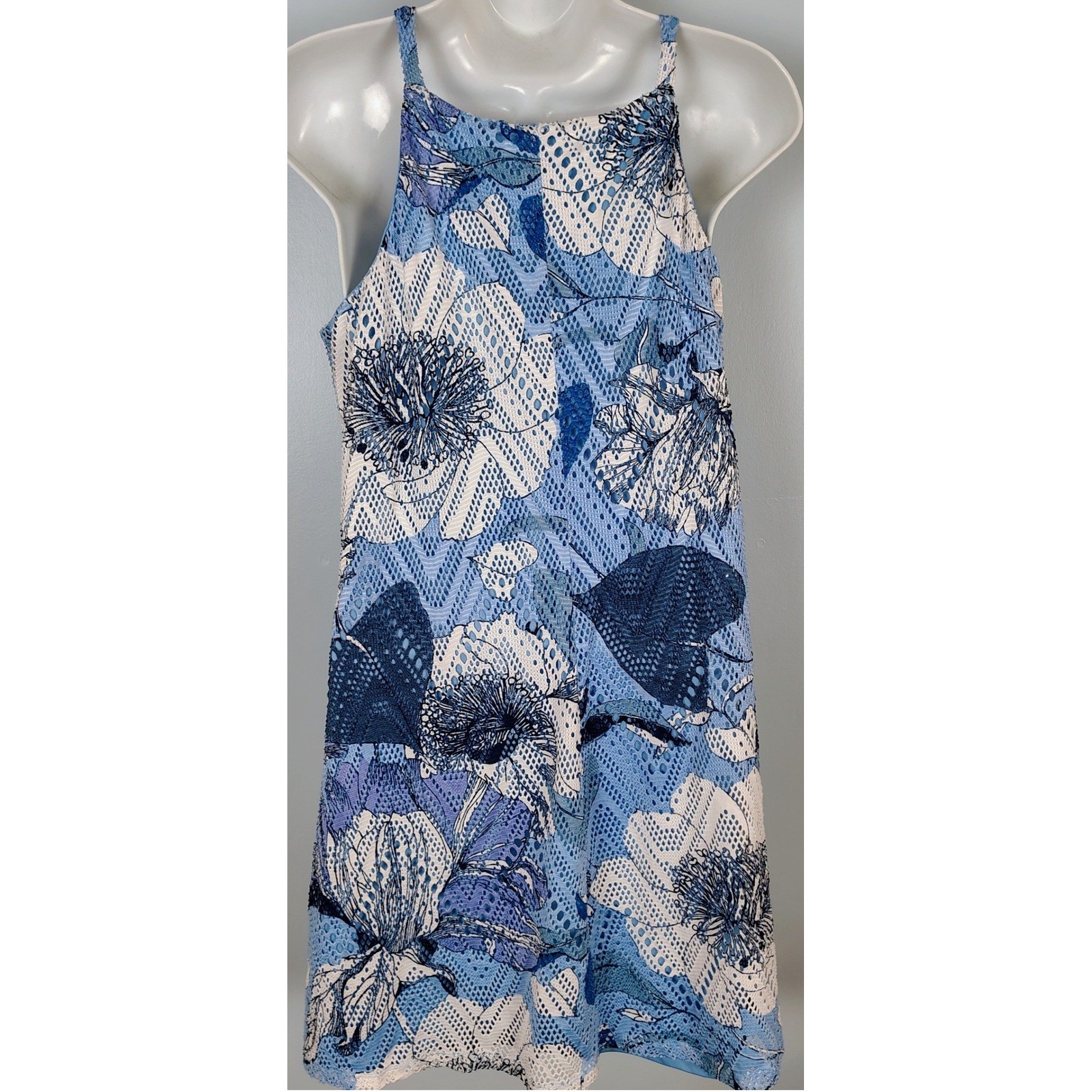 Westport Petite Medium Blue Floral Mesh Overlay Halter Neck A-Line Dress