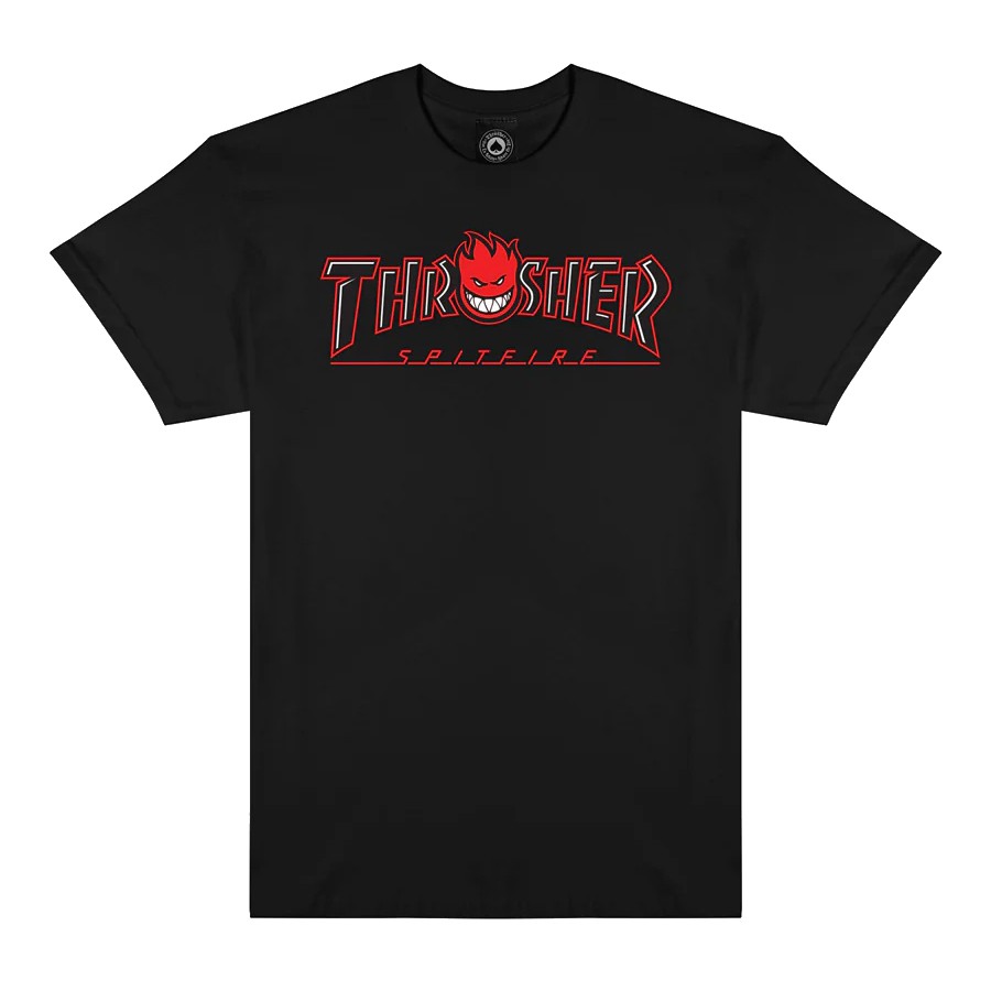 Thrasher Magazine X Spitfire BIG HEAD OUTLINE Skateboard T Shirt BLACK