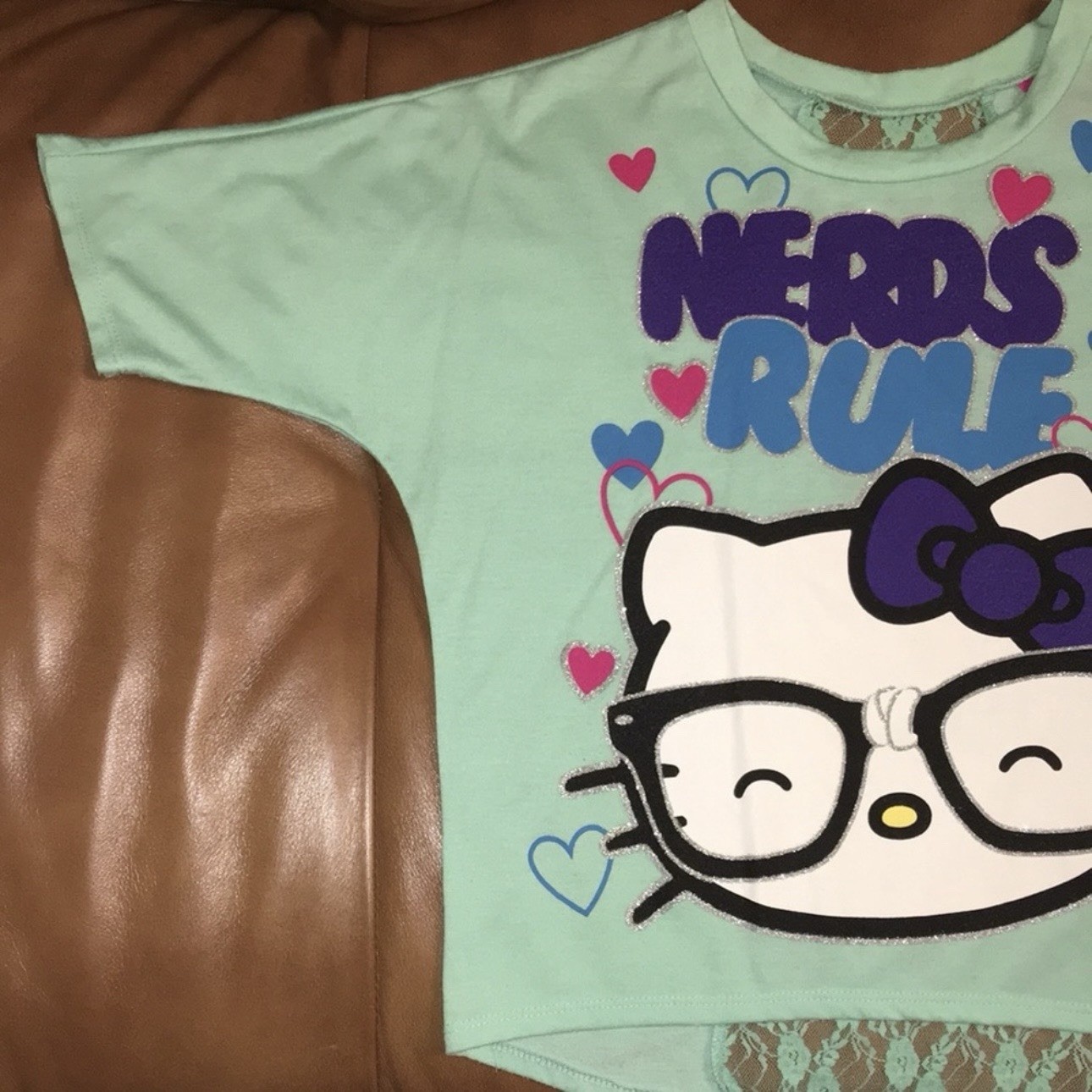 Hello Kitty Nerds Rule Mint Green Lace Back Crew Neck Dolman Sleeve Tee S