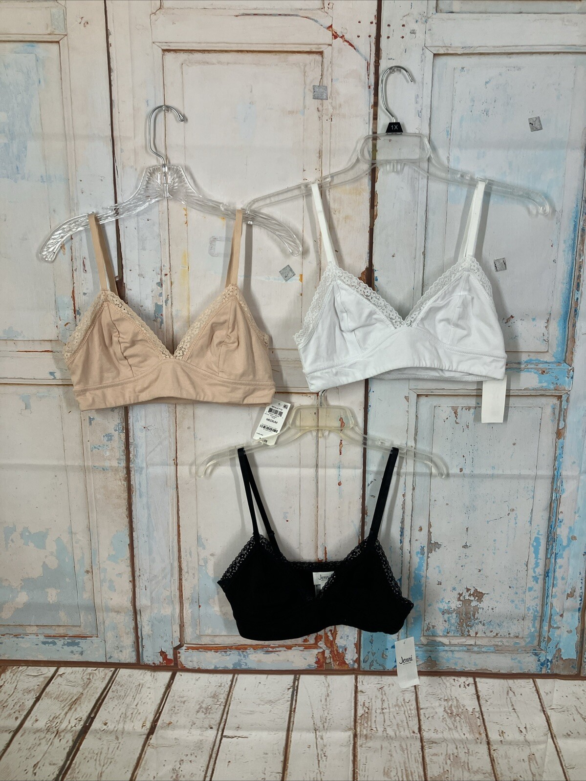 Jenni Intimates Bralette Wide Lace Trimming Size M 95% Cotton Wirefree 3 Pack NW