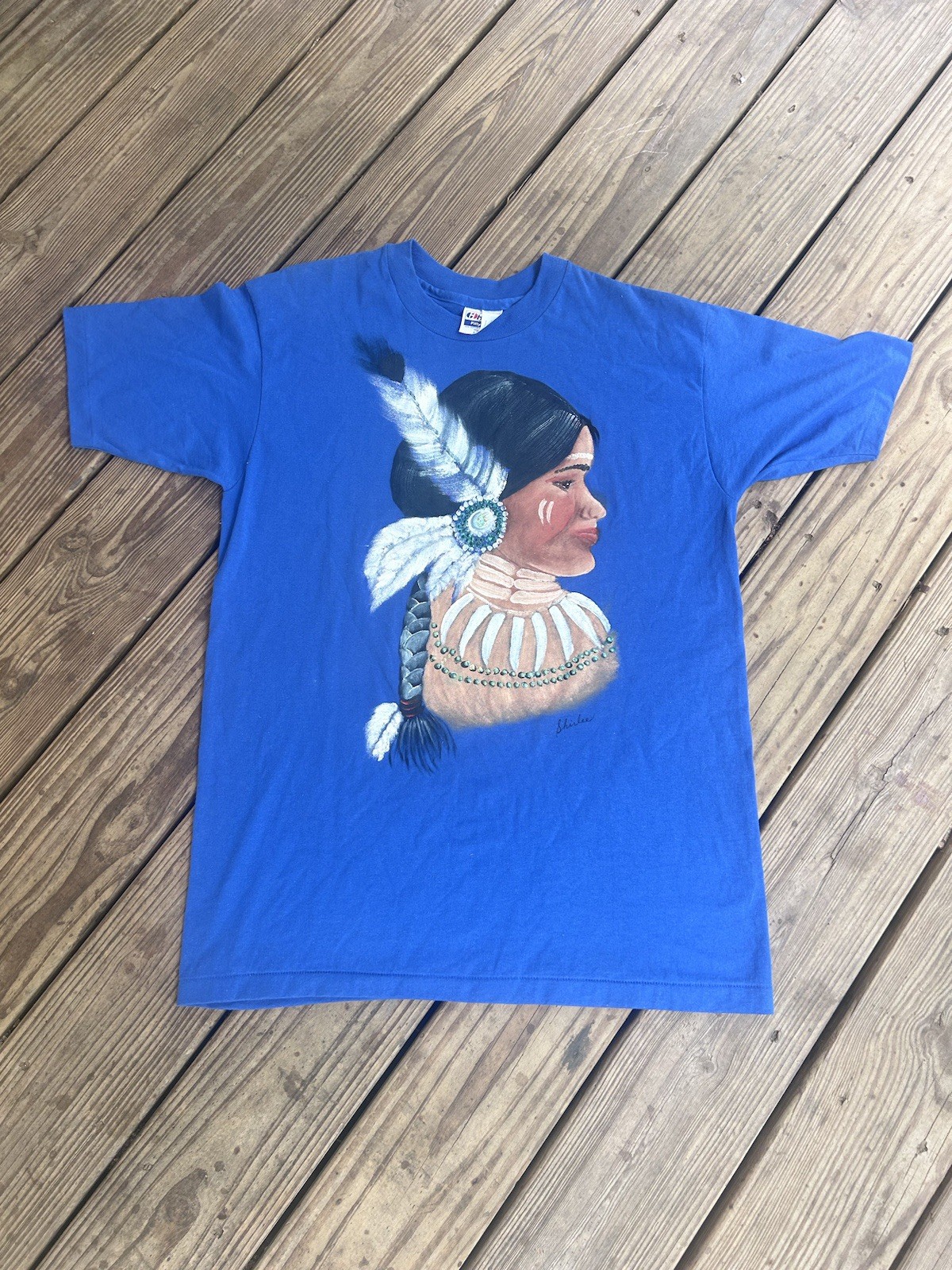 Native American Hand Painted 90s Blue Shirt Size Large Single Stitch