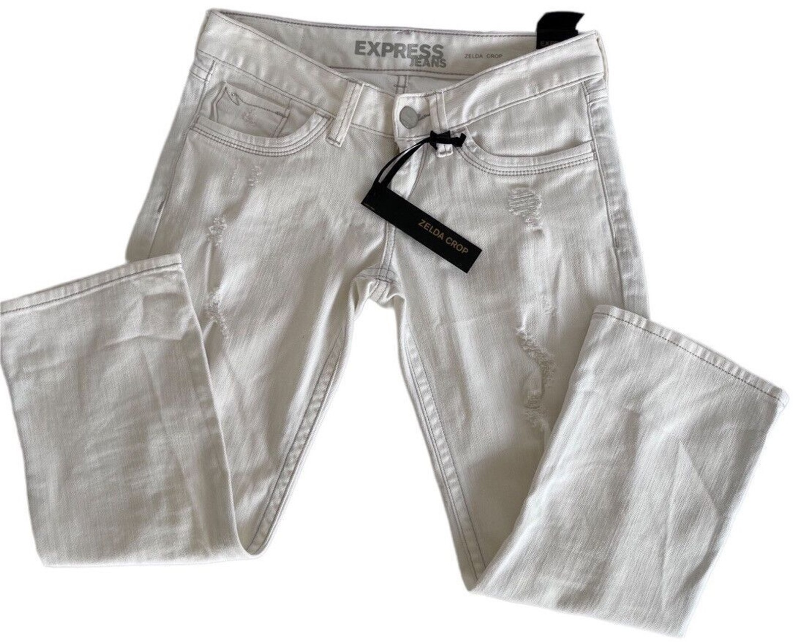 Express Womens Jeans 00 White Zelda Crop Distressed Straight Leg Embellished NEW