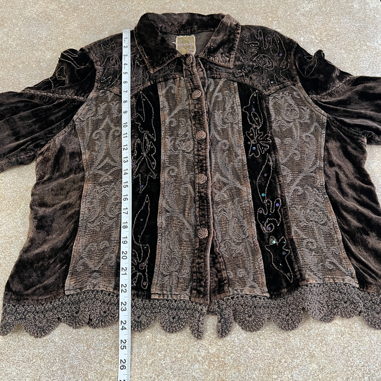 Whimsigoth Gothic Flashback Jacket 2X Brown Velvet Lace Embroidered Patchwork