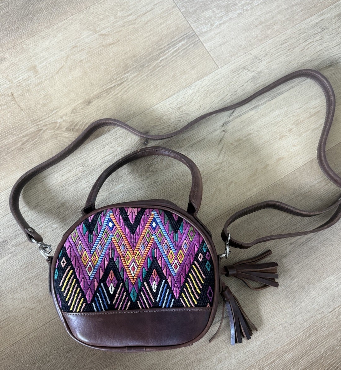 Brown Multicolor Geometric Round Crossbody Bag Zip Top Tassel Detachable Strap