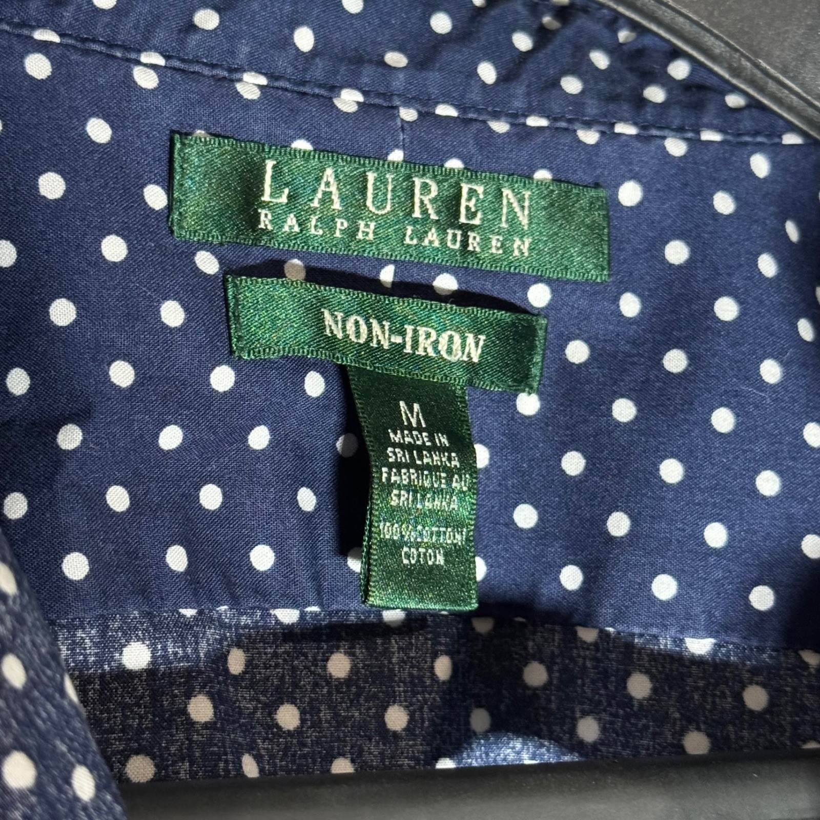 Lauren Ralph Lauren Navy Blue Polka Dot Button Down Shirt M Non-Iron Cotton