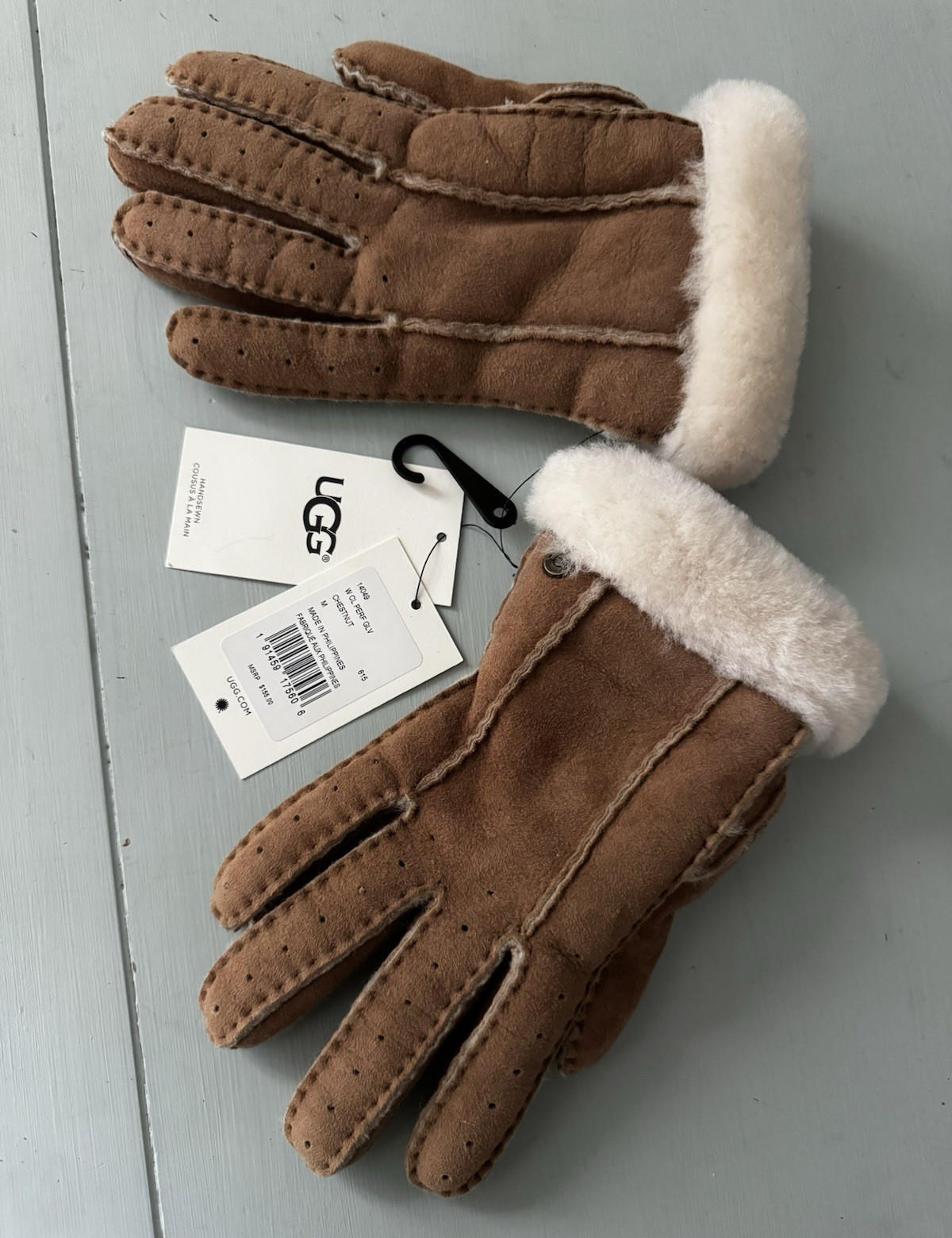 UGG Women’s Shearling-Lined Fur Trim Gloves Brown Chestnut Size M