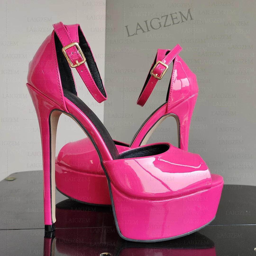 Women Pumps Peep Toe Shiny Thin High Heels Sandals Ankle Strap Shoes Woman