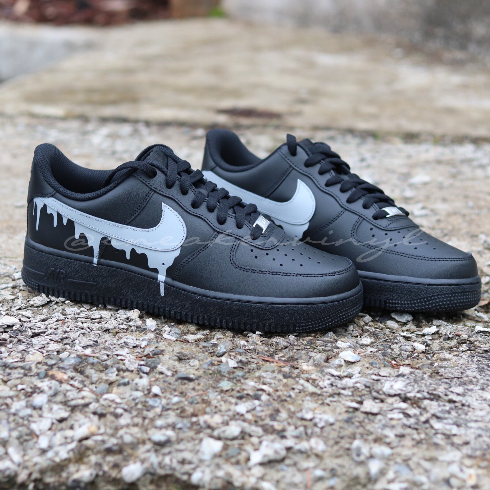 Custom Nike Air Force 1 Black & Grey Concrete Paint Drip Customized Sneakers