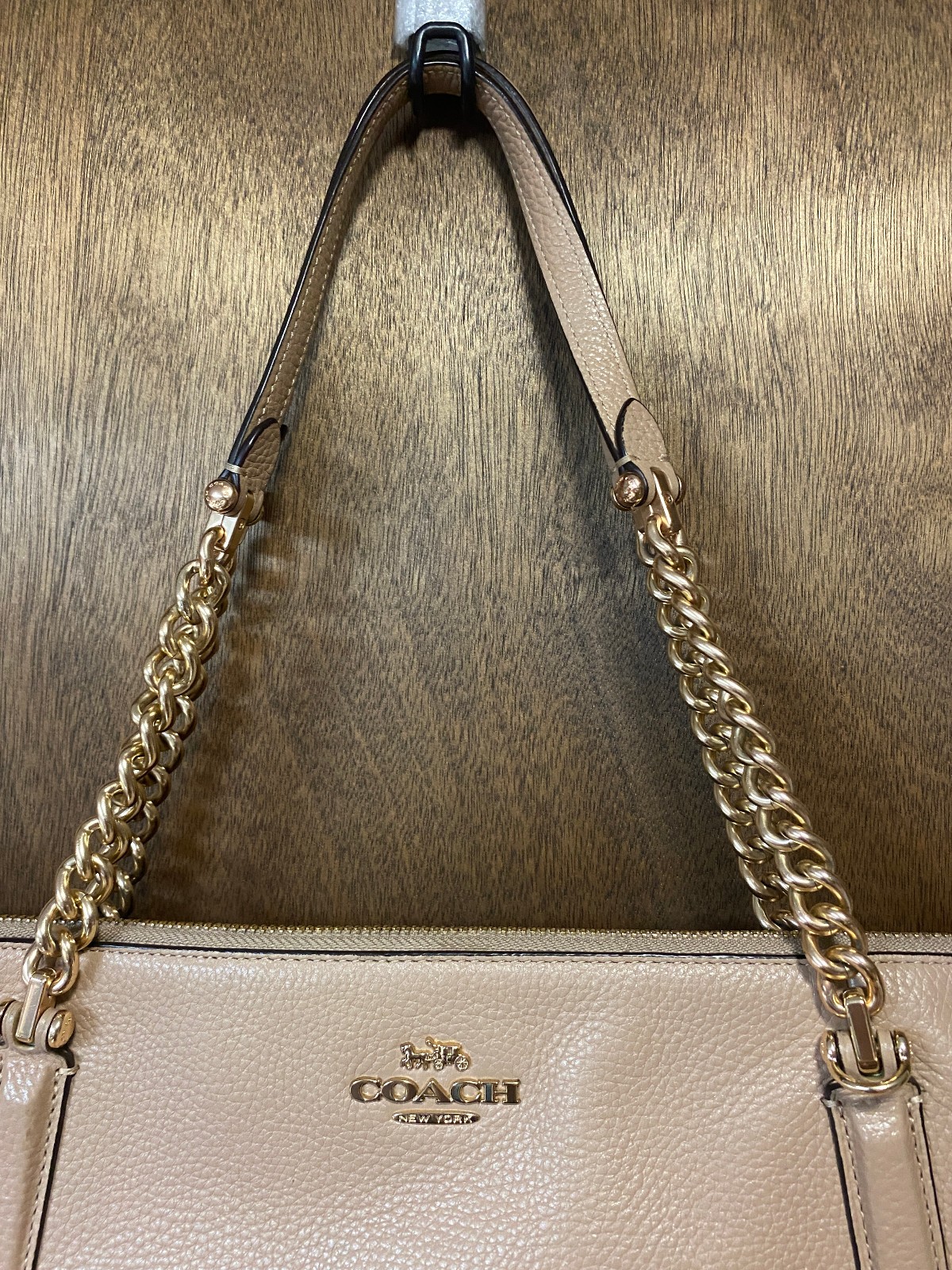 Coach Ava Chain Leather Tote Handbag Beige Shoulder Bag Purse 87775
