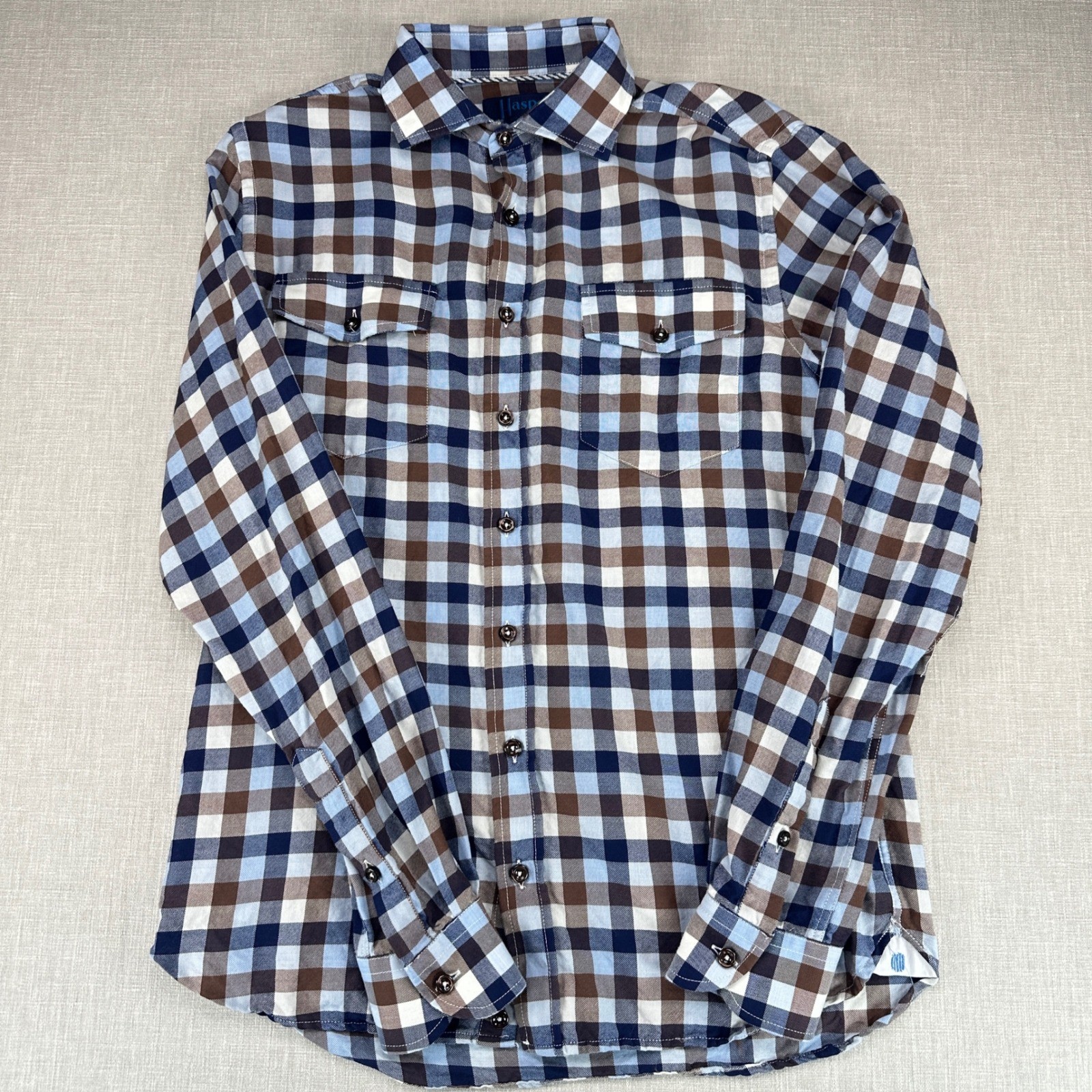 Haspel New Orleans Button Down Shirt Mens Small Blue Brown Gingham Plaid Cotton