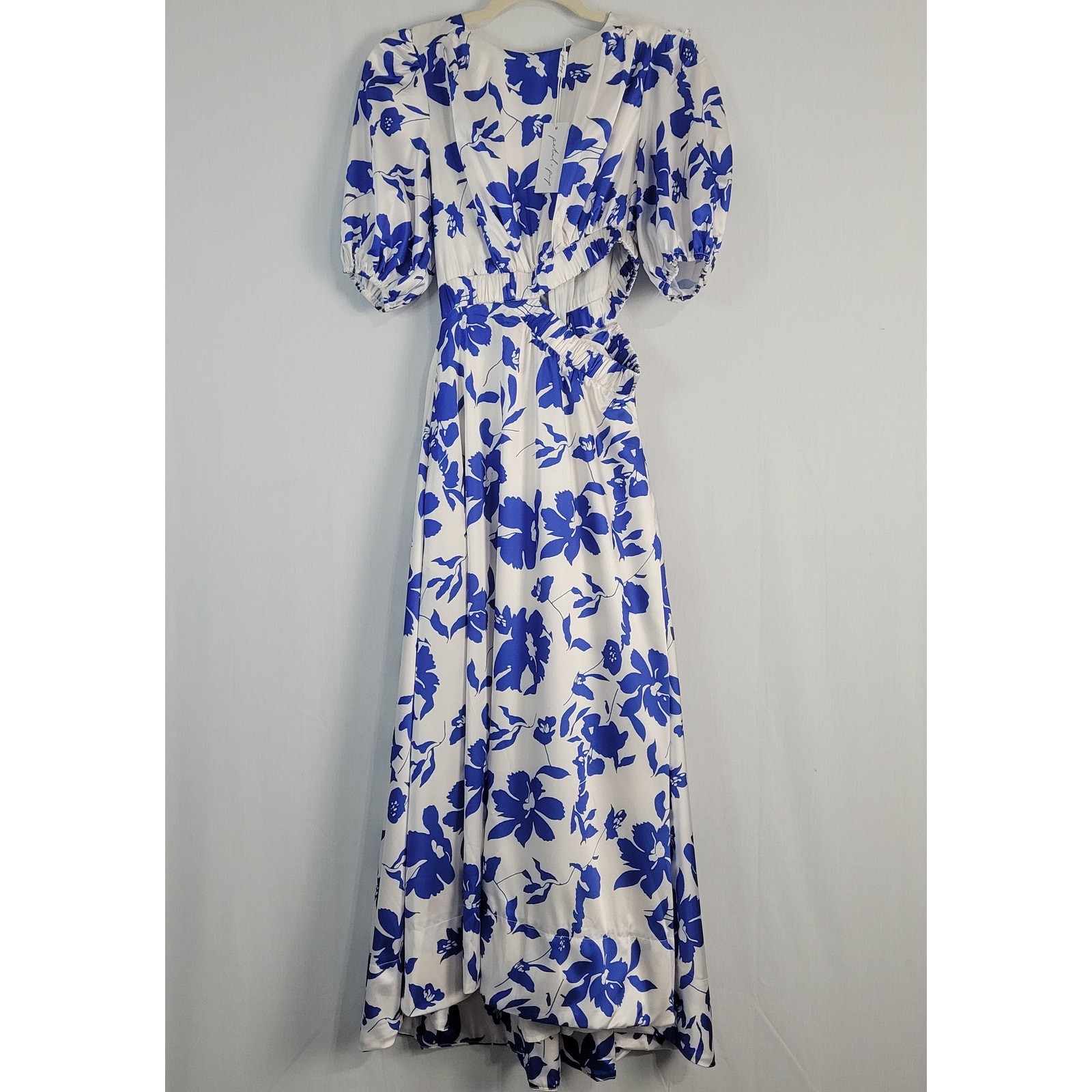 Petal + Pup Aminah Puff Sleeve Maxi Dress size XS white blue floral pockets, New