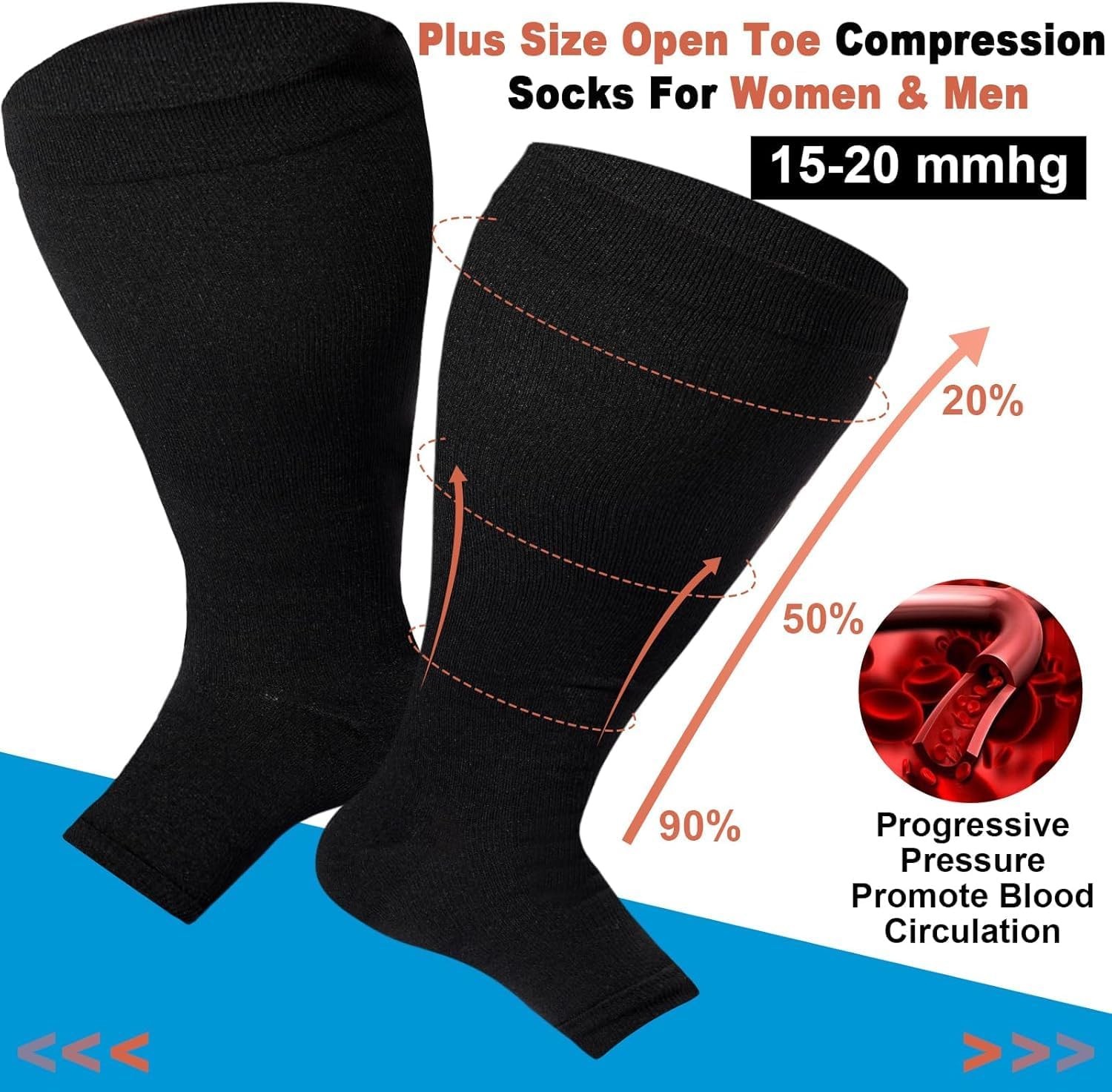 Toeless Plus Size Compression Socks for Women Open 5X-Large-6X-Large, Black