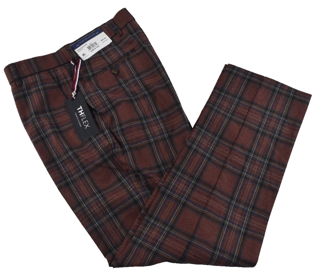 Tommy Hilfiger Mens Pants New 38 Red Gray Plaid THFlex Flat Front Stretch