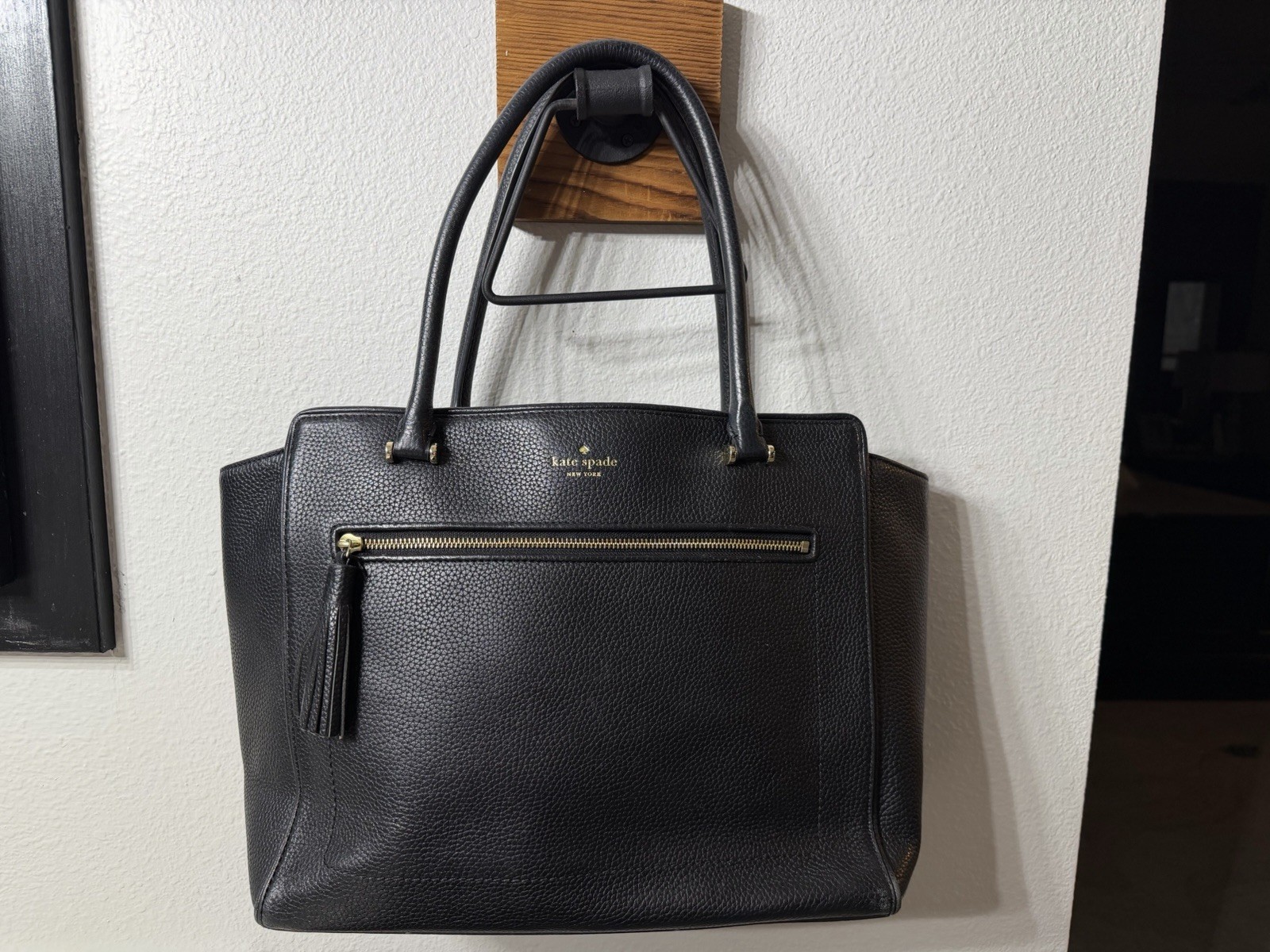 kate spade new york Black Pebbled Zip Top Satchel, Tassel Gold Lined Pockets