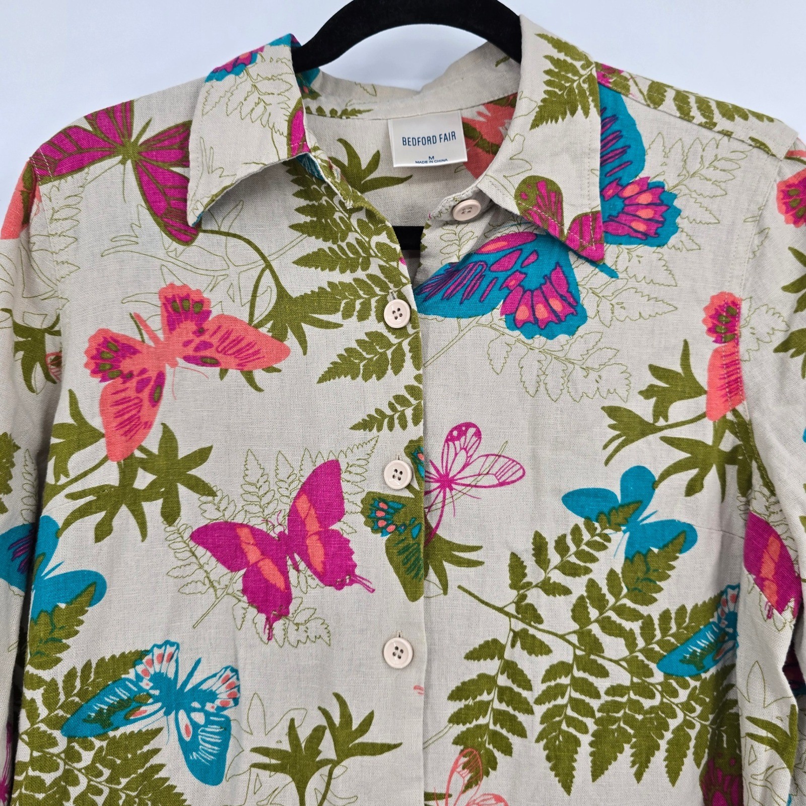 Bedford Fair Womens Medium Linen Blend Butterfly Fern Print Button Front Shirt