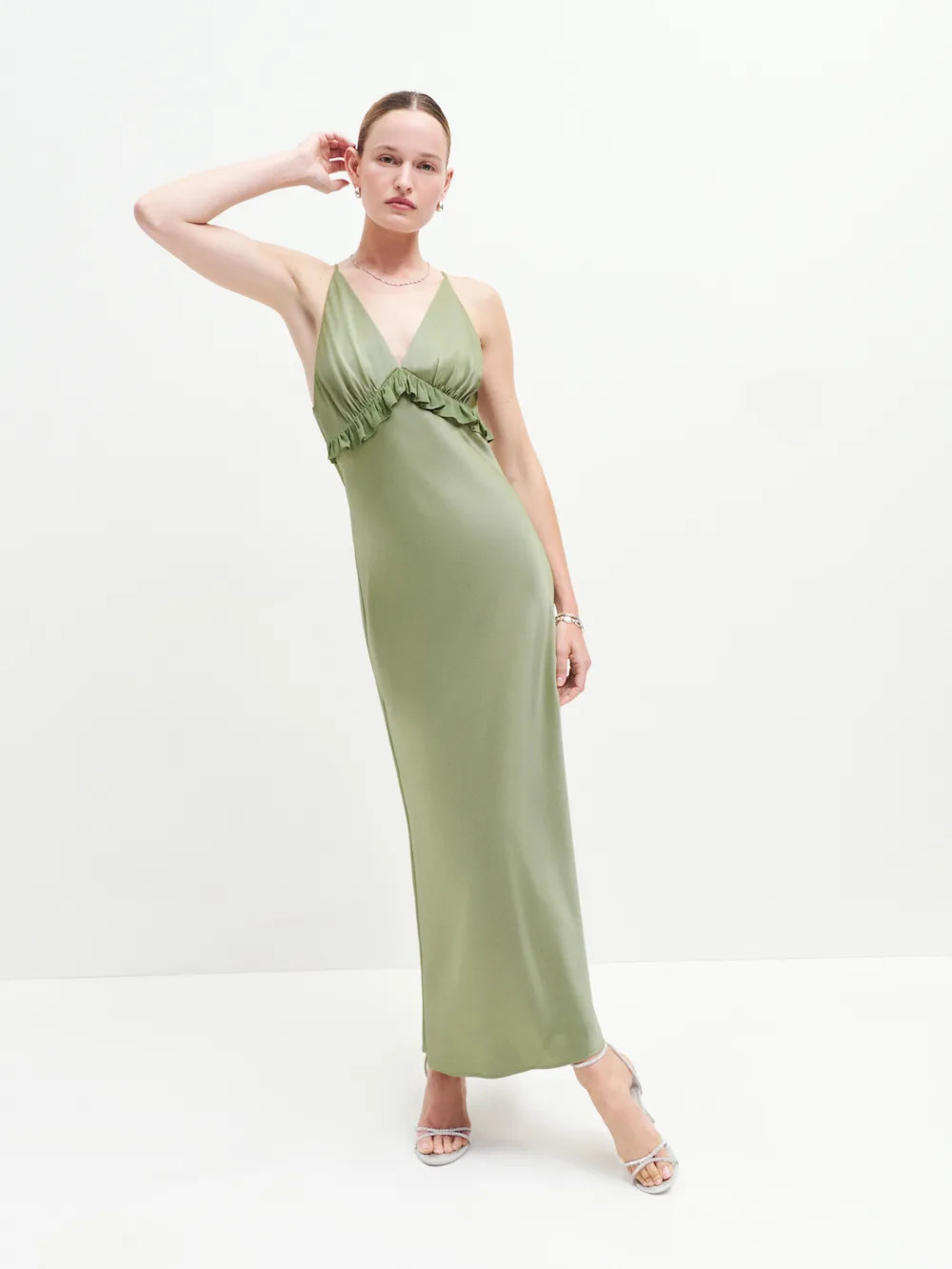 Reformation NWT Madrigal Artichoke Green Satin Maxi Slip Dress Size S