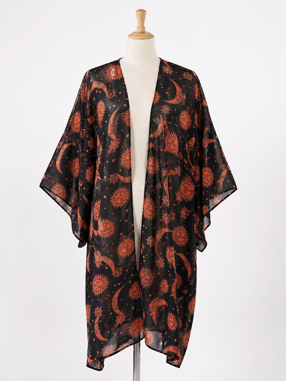 Hibluco Celestial Print Kimono Jacket Medium Black Brown Print Boho Festival