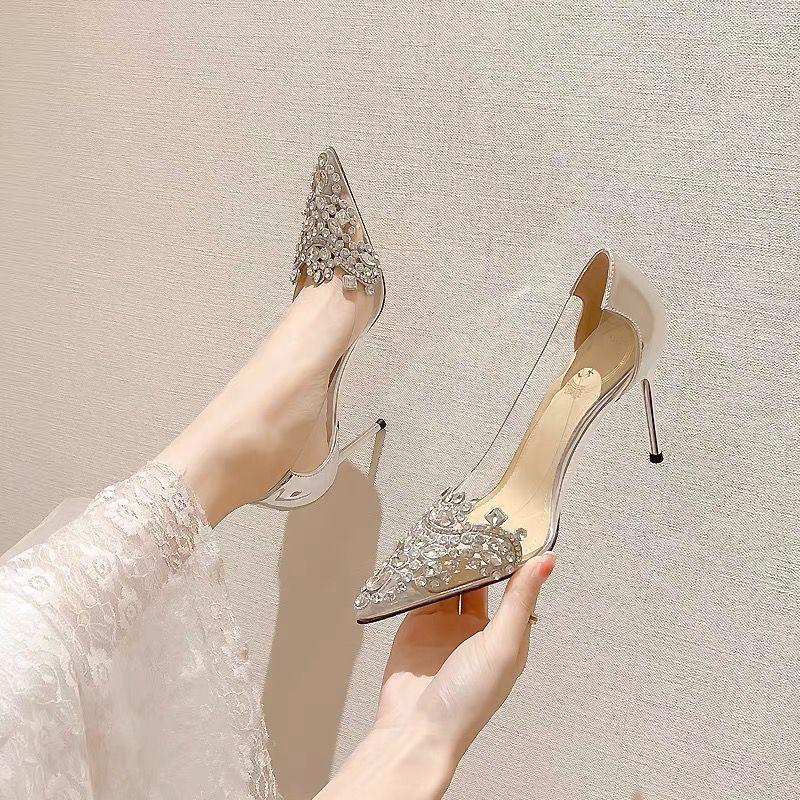 Women’s Rhinestones Clear Shoes Stilettos Mid Heel Dress PVC Party Pump Evening