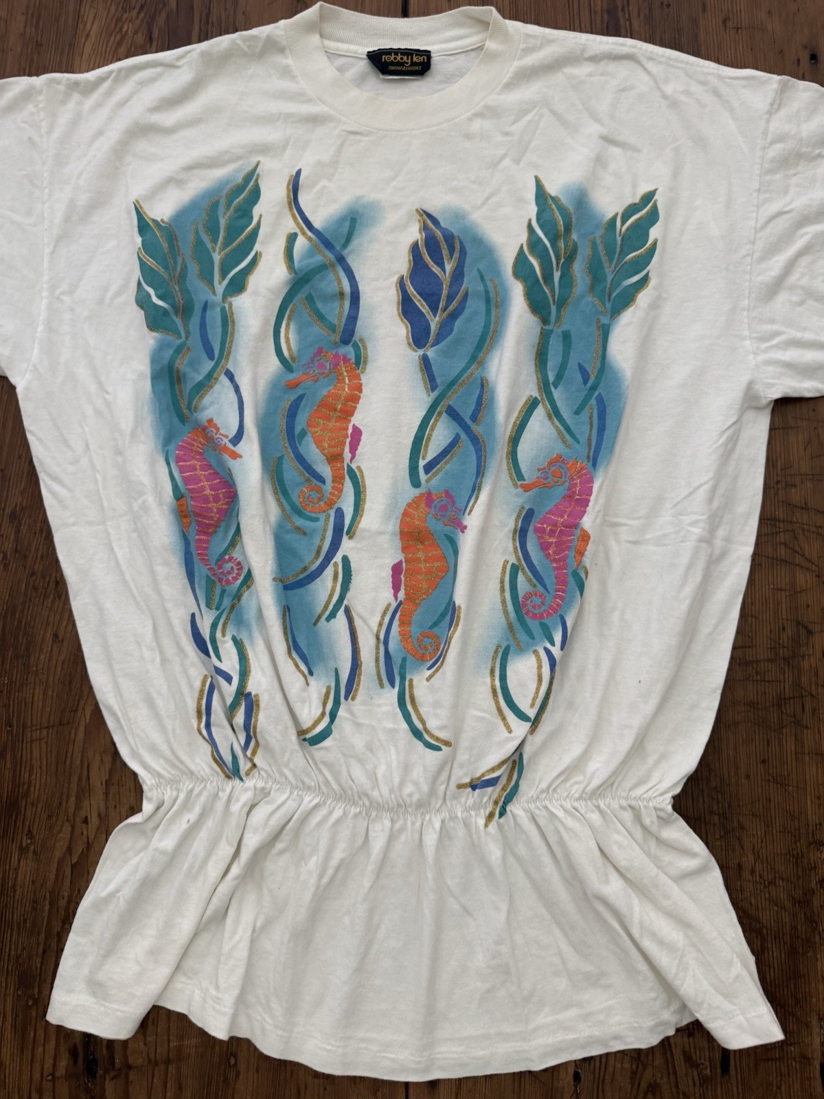 Vintage 80s Robby Len Swimfashions Cover Shirt Floral Waist OSFM Seahorse