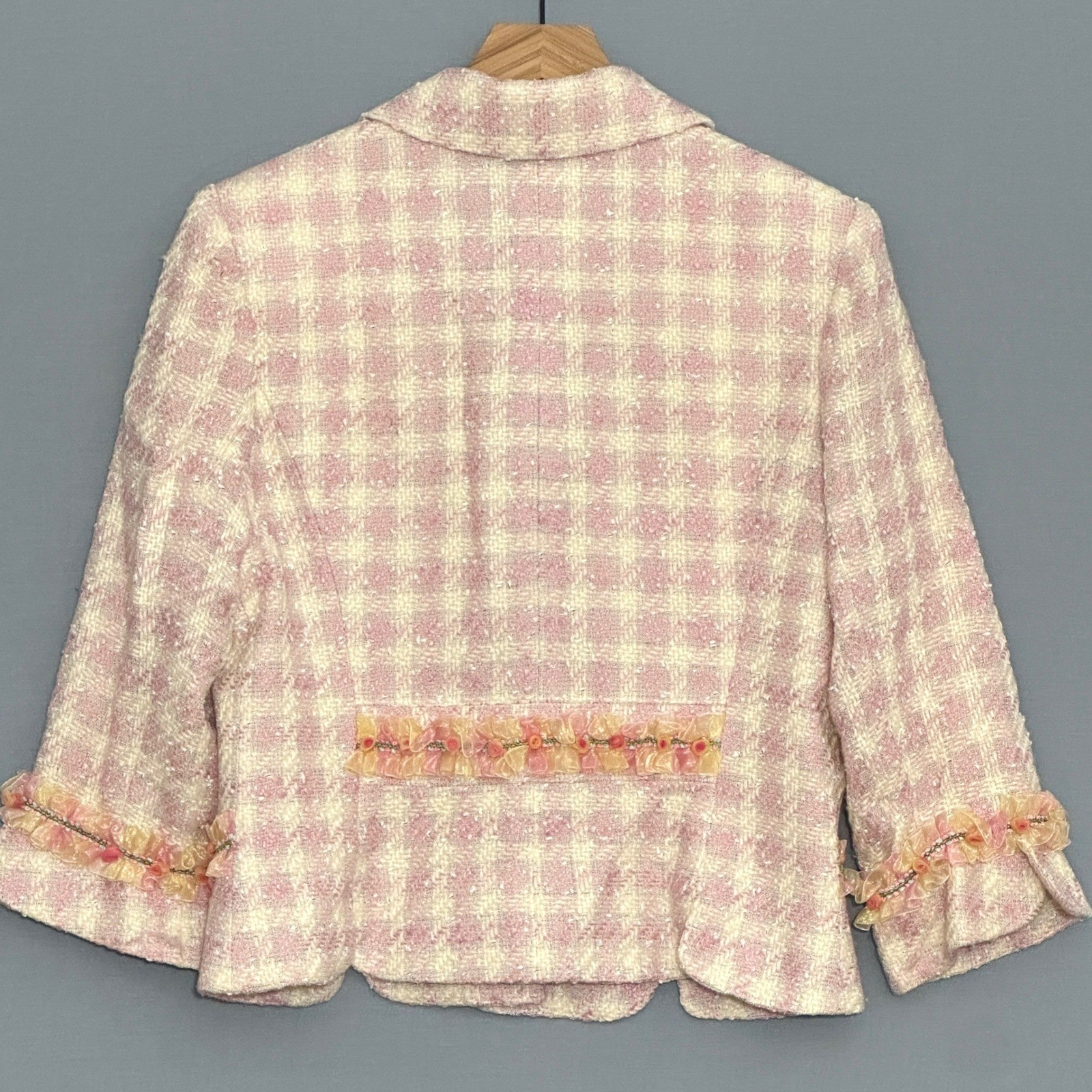 Boho Chic Womens Jacket 12 Pastel Pink Tweed Ribbon Ruffle Feminine Coquette
