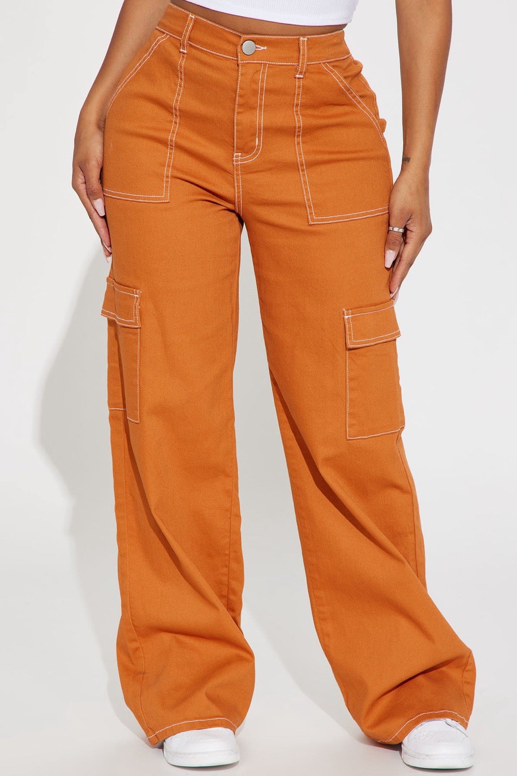 Orange Wide-Leg High Rise Cargo Pants Canvas Contrast Stitch Pockets L