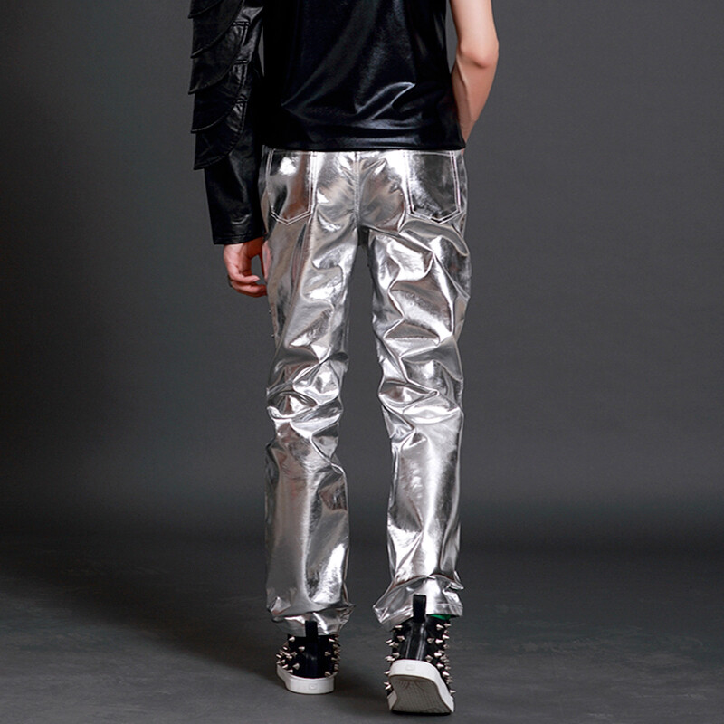 Metallic Men Faux Leather Studded Pants Party Nightclub Trousers Wet Look Shiny