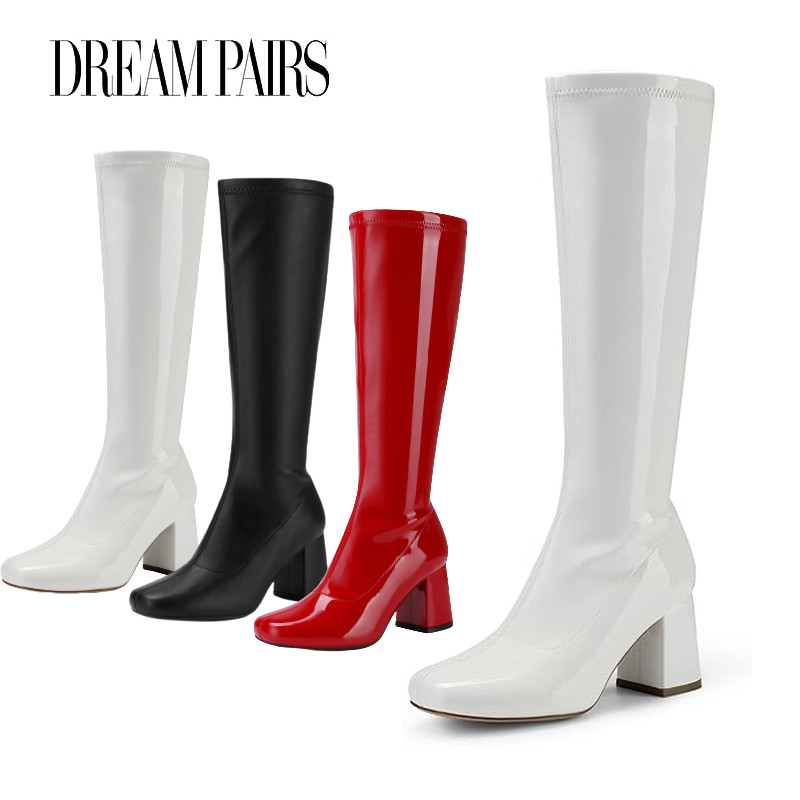 DREAM PAIRS Women Gogo Boots Chunky Block Heel Square Toe Knee High Boots