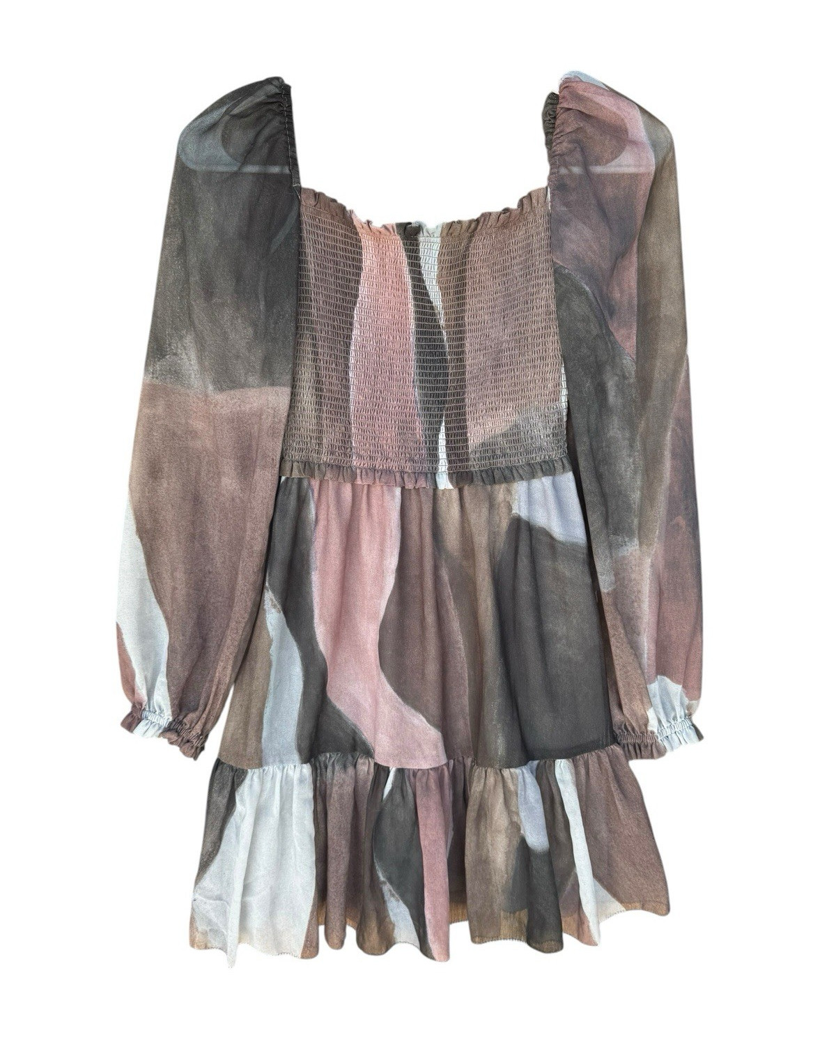 Wilfred Aritzia Abstract Smocked Square Neck Puff Sleeve Mini Dress XS