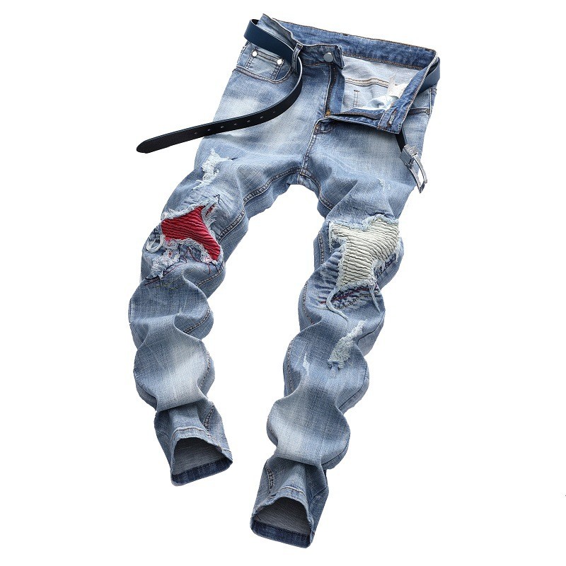 Men’s Casual Light Colored Elastic Motorcycle Pants with Torn Middle Waist Jeans