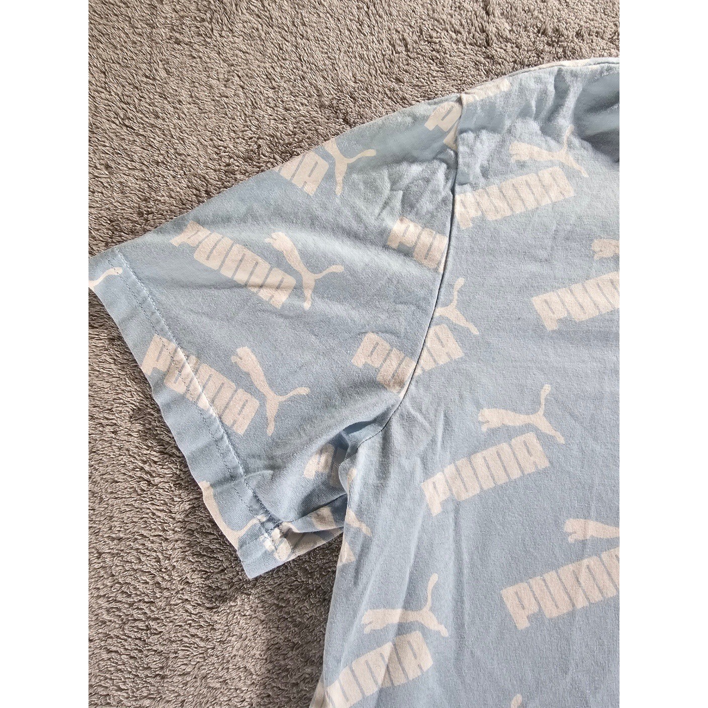 Puma Mens All Over Logo Print T-Shirt Light Blue White Short Sleeve Size M