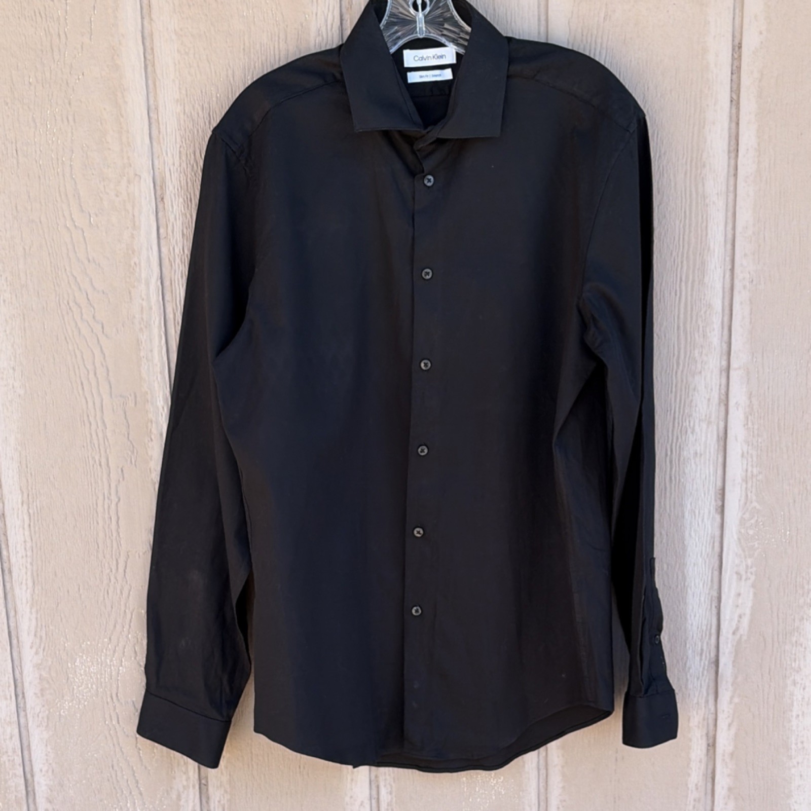 Calvin Klein Slim Fit Stretch Black Solid Long Sleeve Button-Up Shirt 16 34/35 L