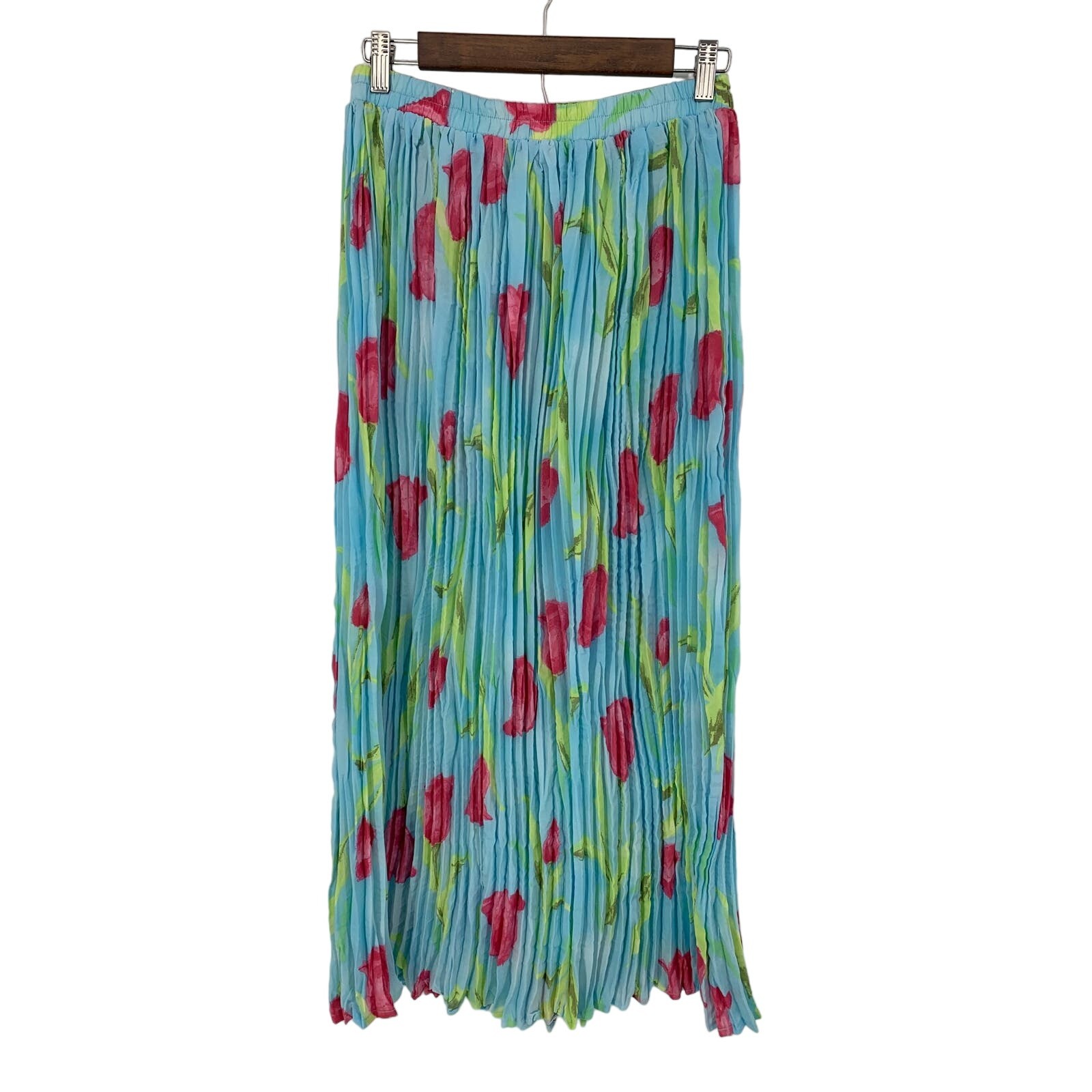 Vintage Sharon Anthony Size S Aqua Colorful Floral Pleated Accordion Maxi Skirt