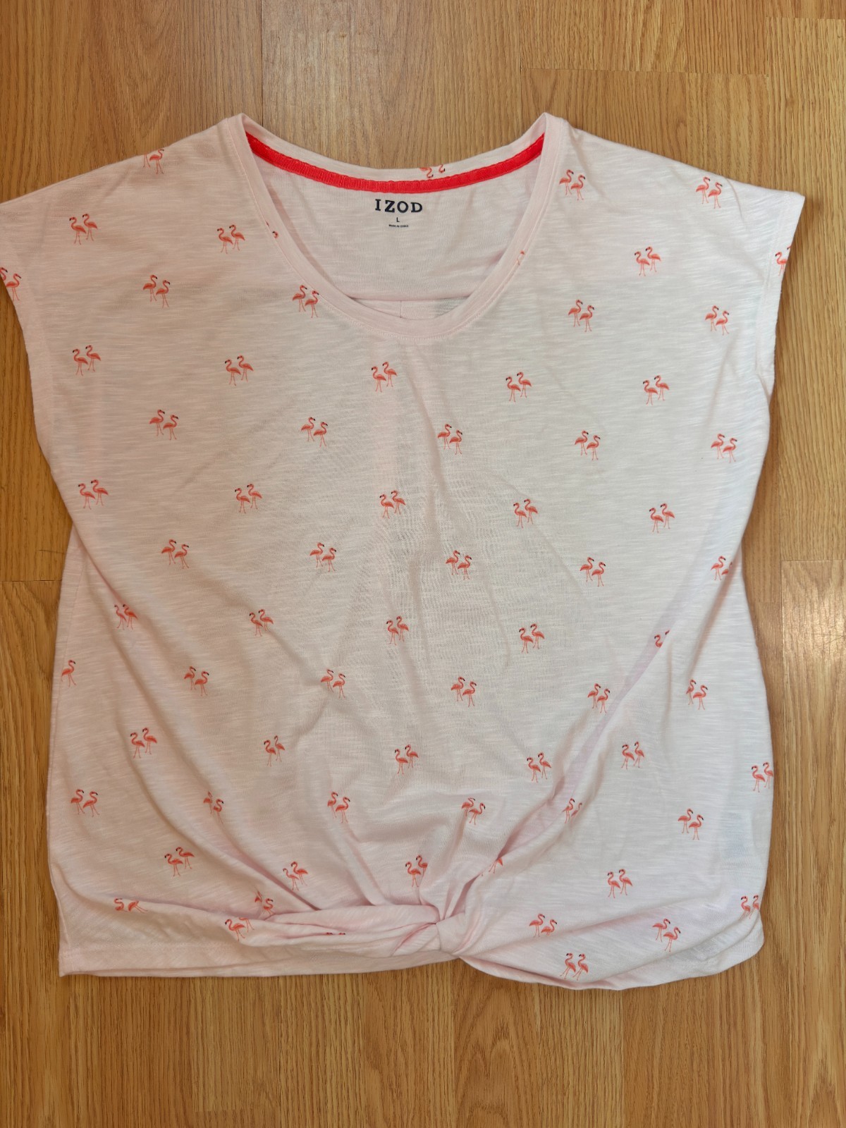 IZOD Womens L Pink Flamingo Print Twist Front Cap Sleeve Top V-Neck Lightweight