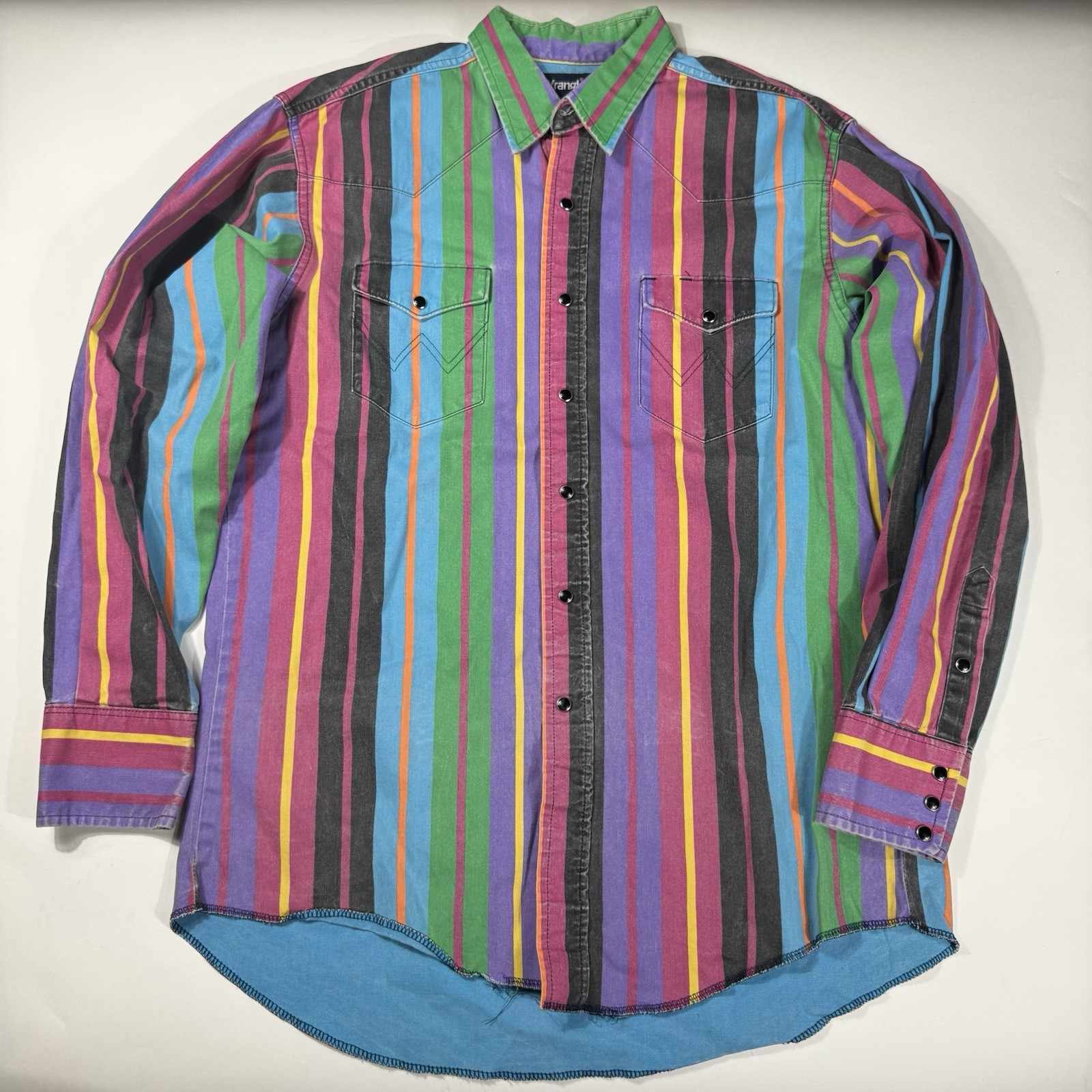 Vintage Wrangler Brushpopper Shirt 16 1/2 X 35 Rainbow Striped Western