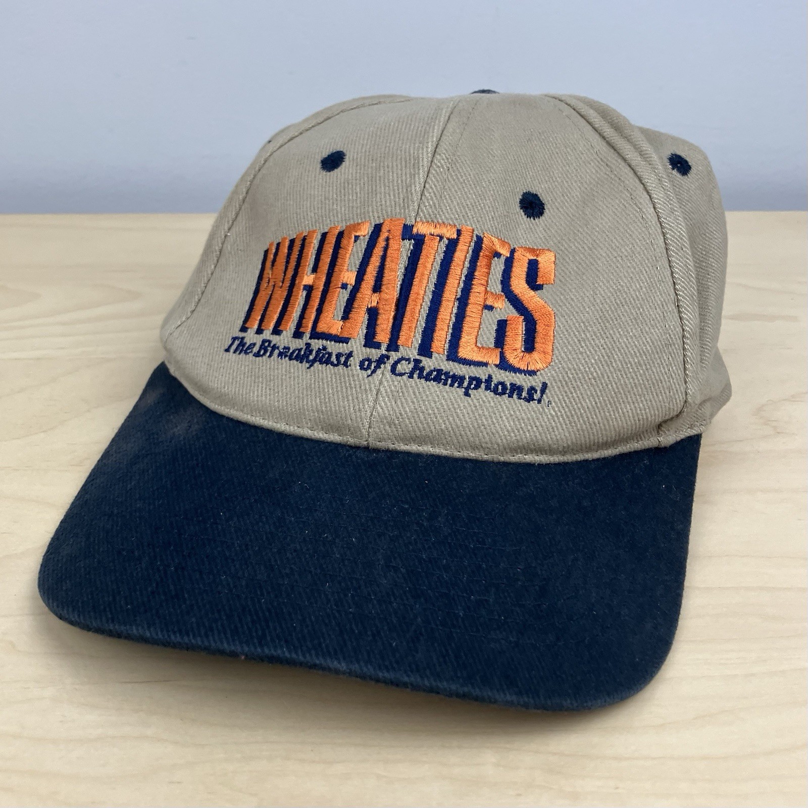 Vintage Wheaties Cereal Snapback Hat Beige Navy Embroidered Logo KC Caps