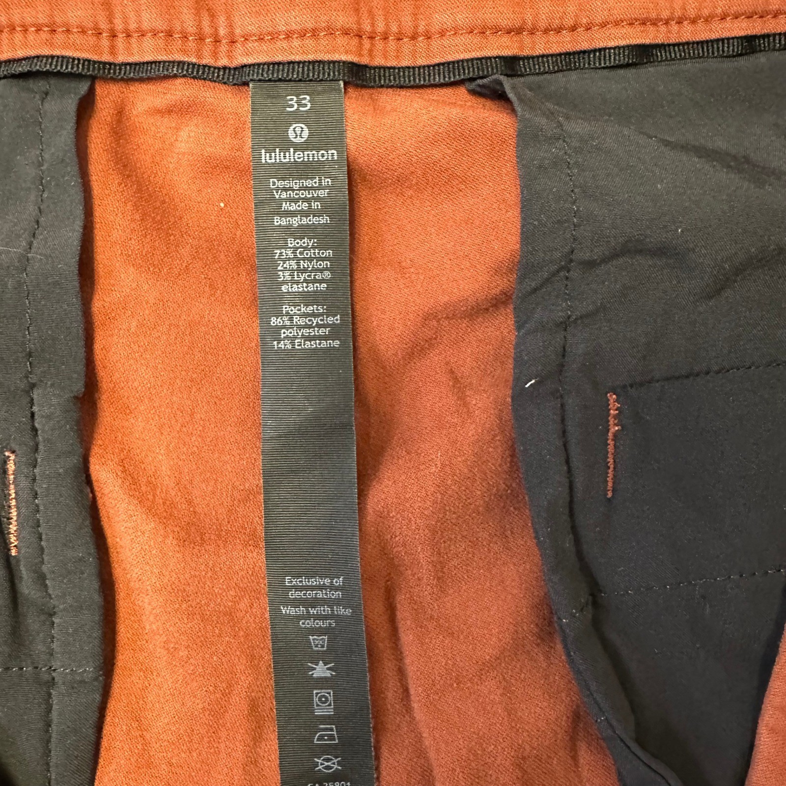 Lululemon Pants Mens Size 33 Burnt Orange ABC Slim Fit Technical Stretch Stain