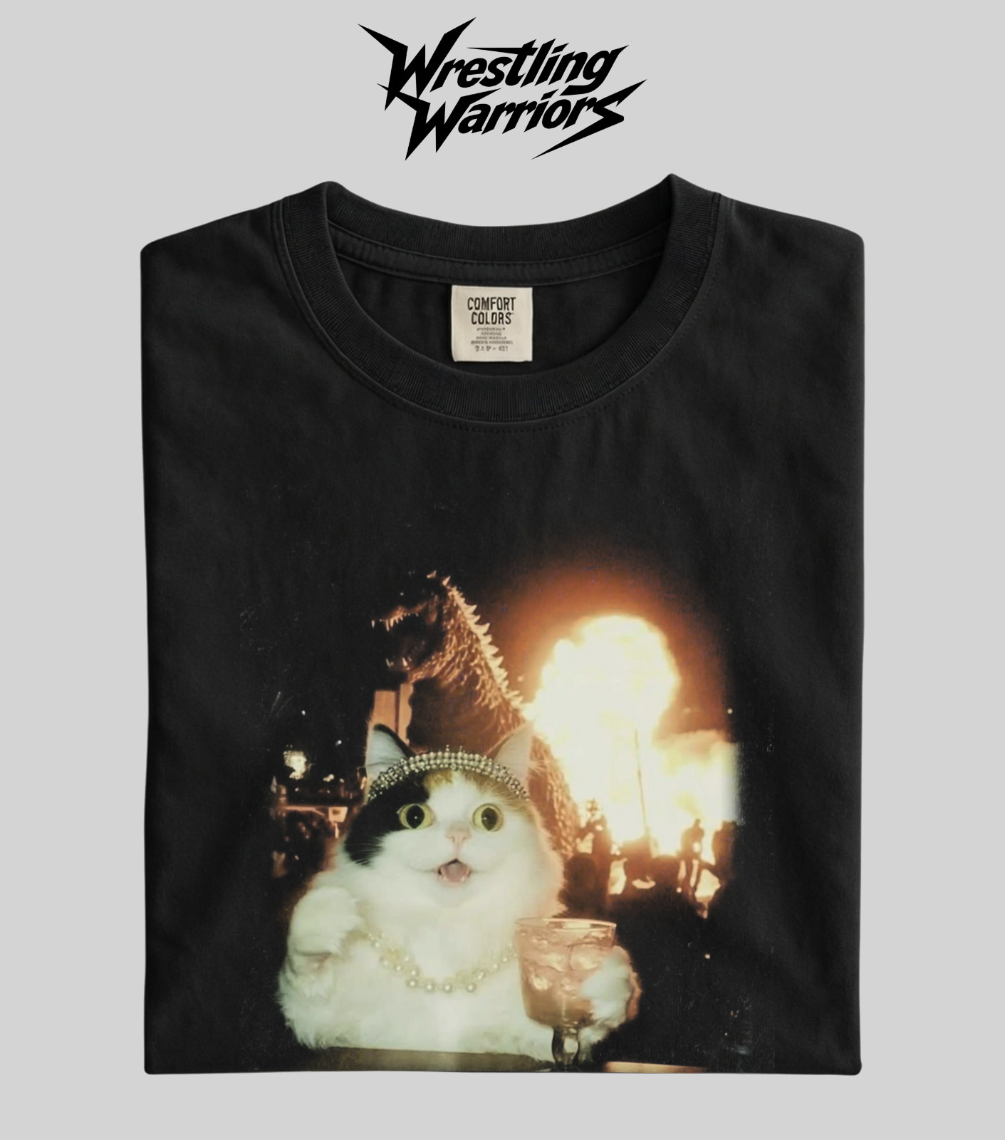 Wrestling Warriors Comfort Color “Diva Cat & Godzilla” Funny Meme Graphic Tee