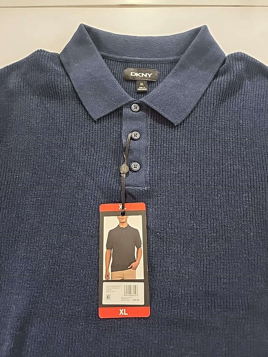 DKNY Men’s Short Sleeve Ribbed Knit 3 Button Placket Collared Sweater Polo XL