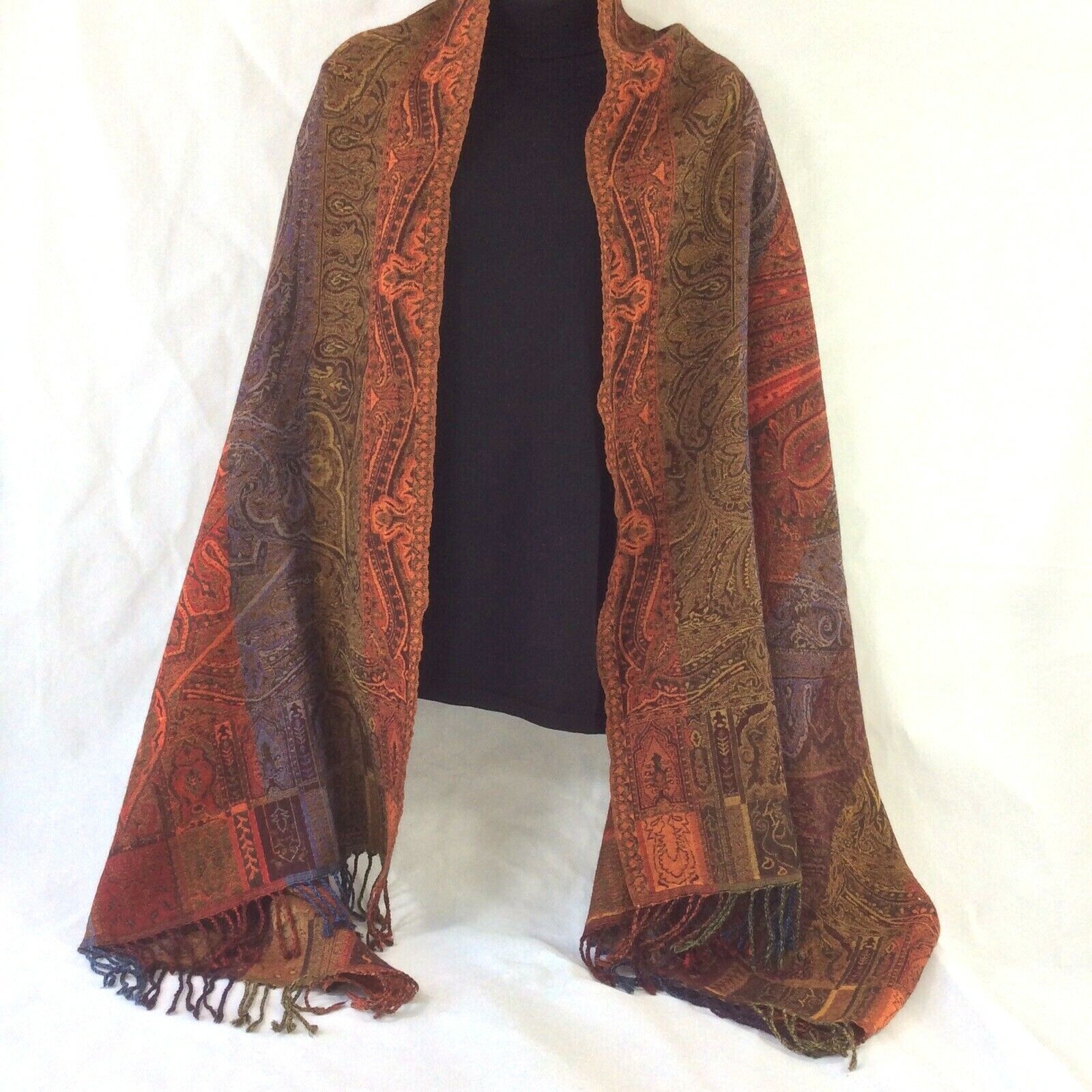 SCARF THROW WRAP RUNNER 100% WOOL 72″X28″ TASSELS PAISLEY DESIGN FABRIC TAG
