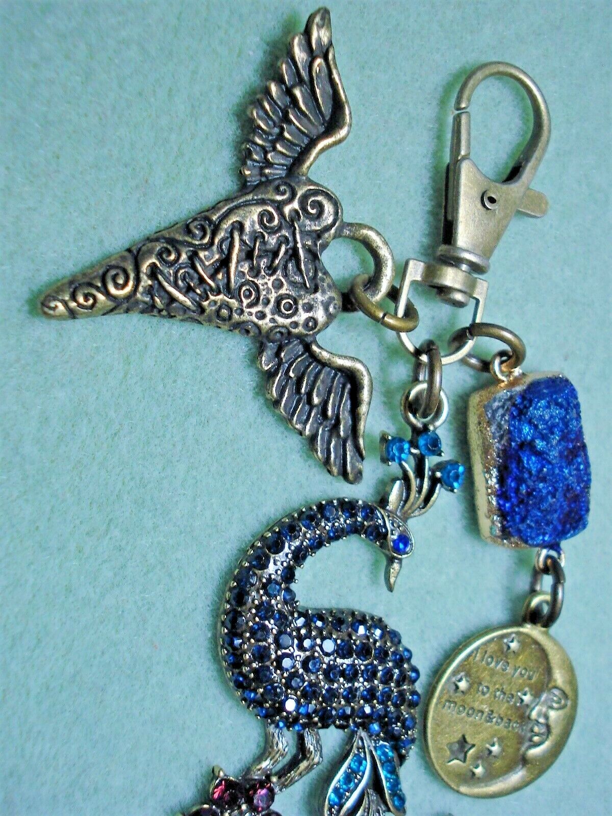 4 3/4″ Drop Royal Blue Peacock, Druzy, Heart, “Love you to the Moon…” Dangle