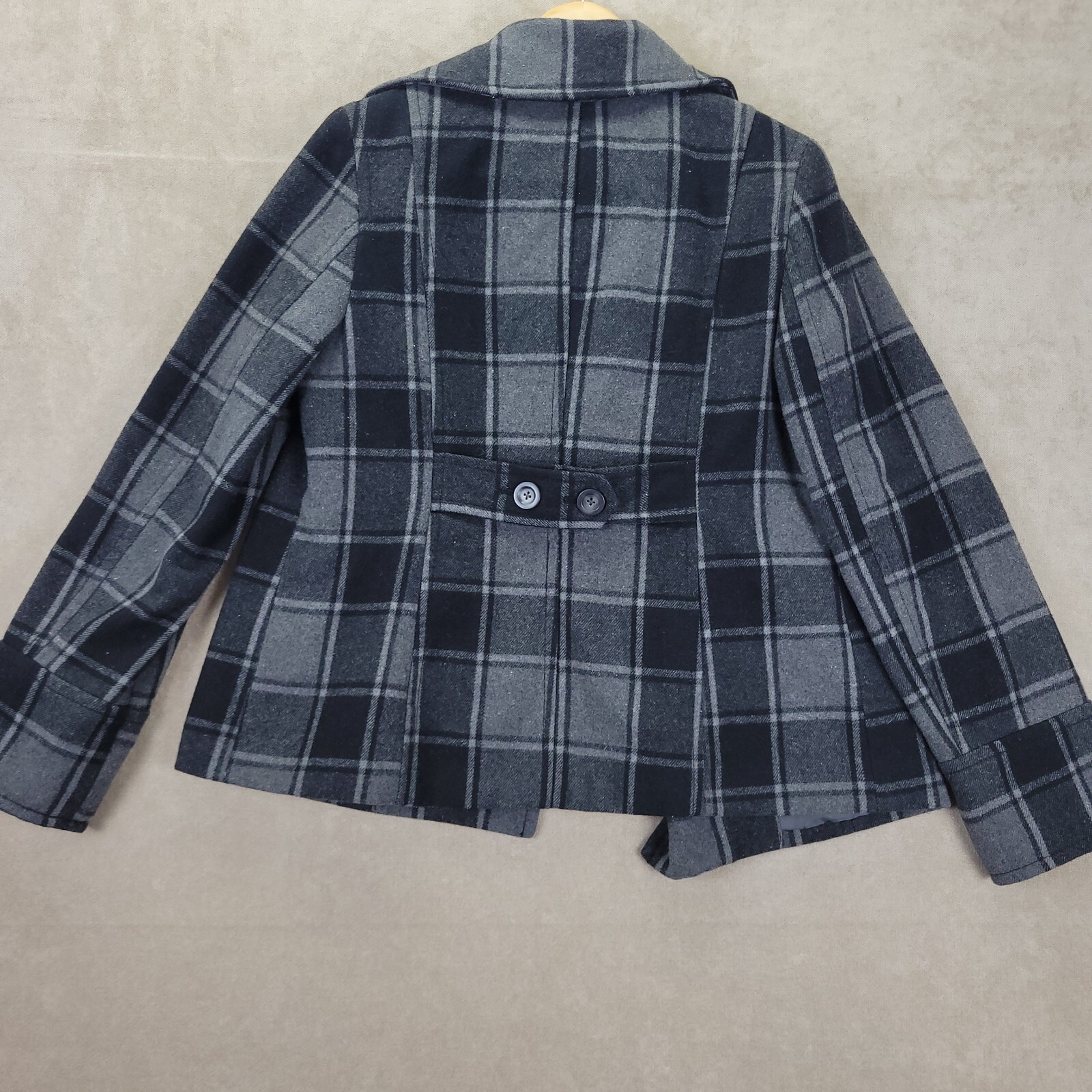 Old Navy Gray & Black Plaid Wool Blend Womens Double Breast Pea Coat Size Medium