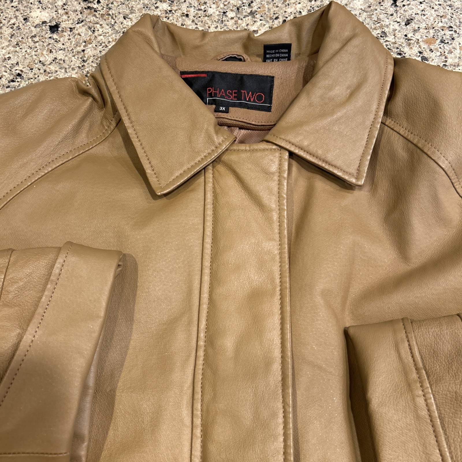 Vintage Phase Two 3X Brown Camel Leather Coat Mid Thigh Length GUC Zip Front