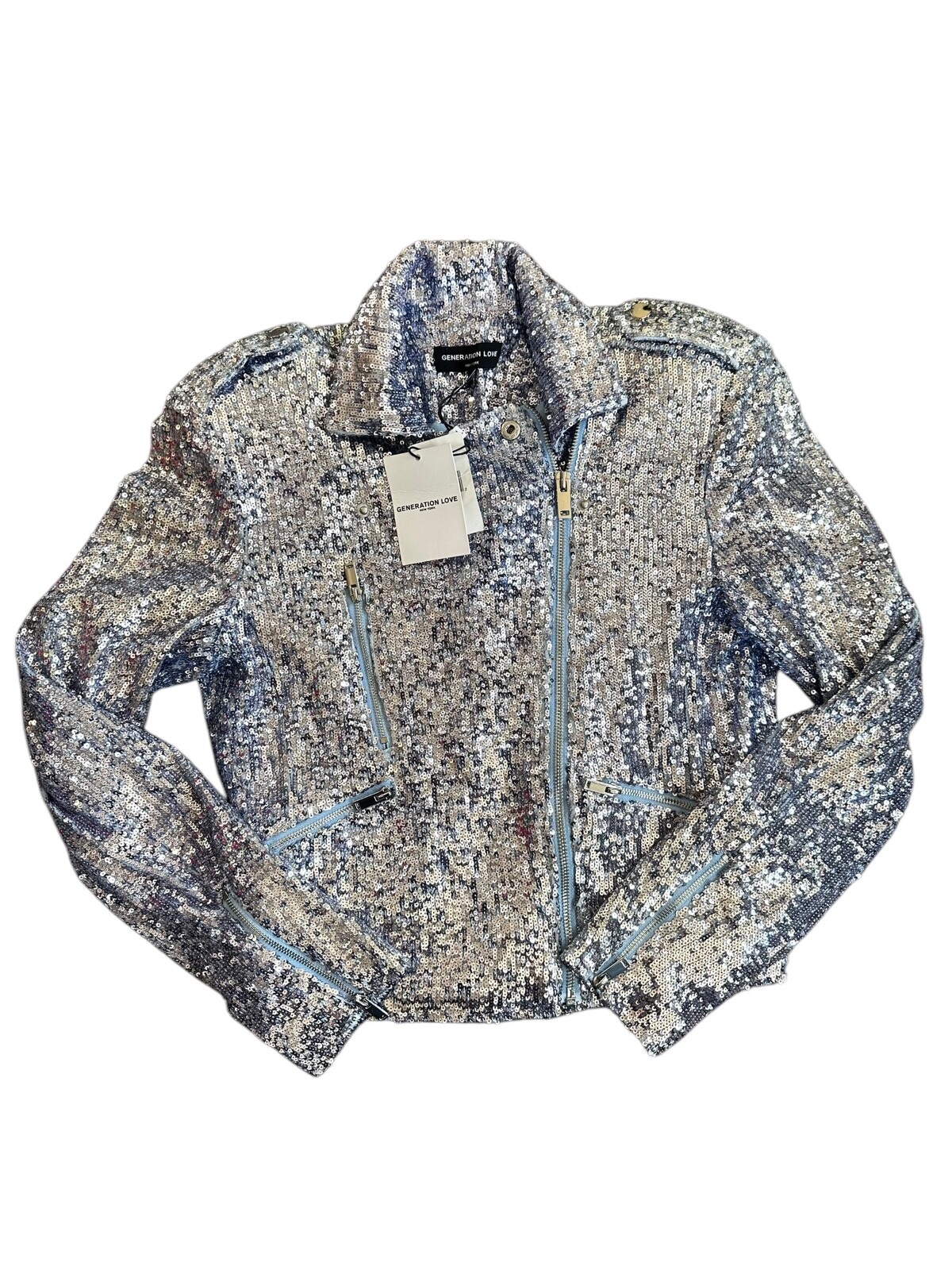Generation Love Robin Sequin Moto Jacket Long Sleeves Cropped Silver Blue Sz XS