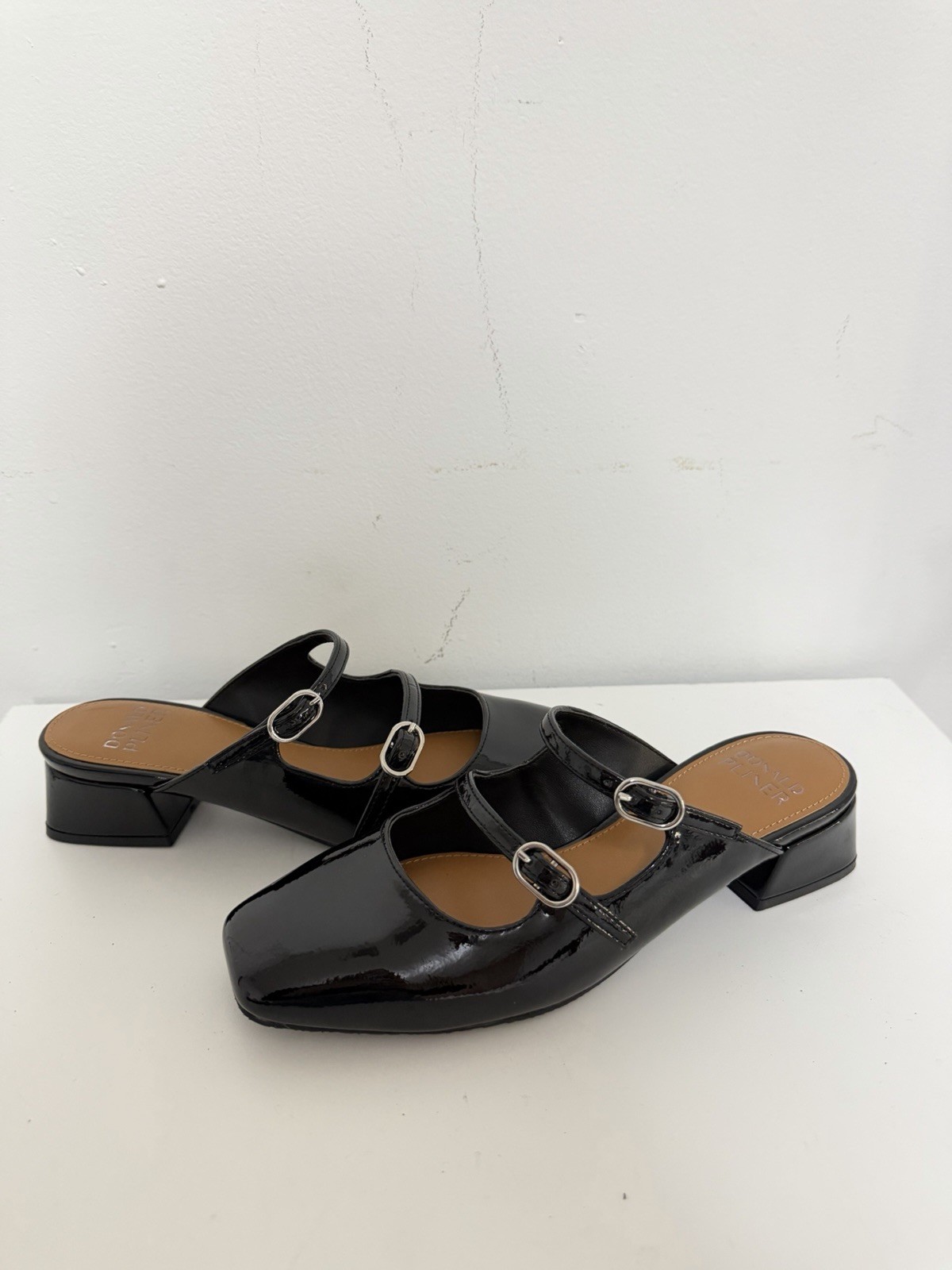 Donald Pliner Women’s Black Patent Leather Mule Heels Square Toe Buckle 6