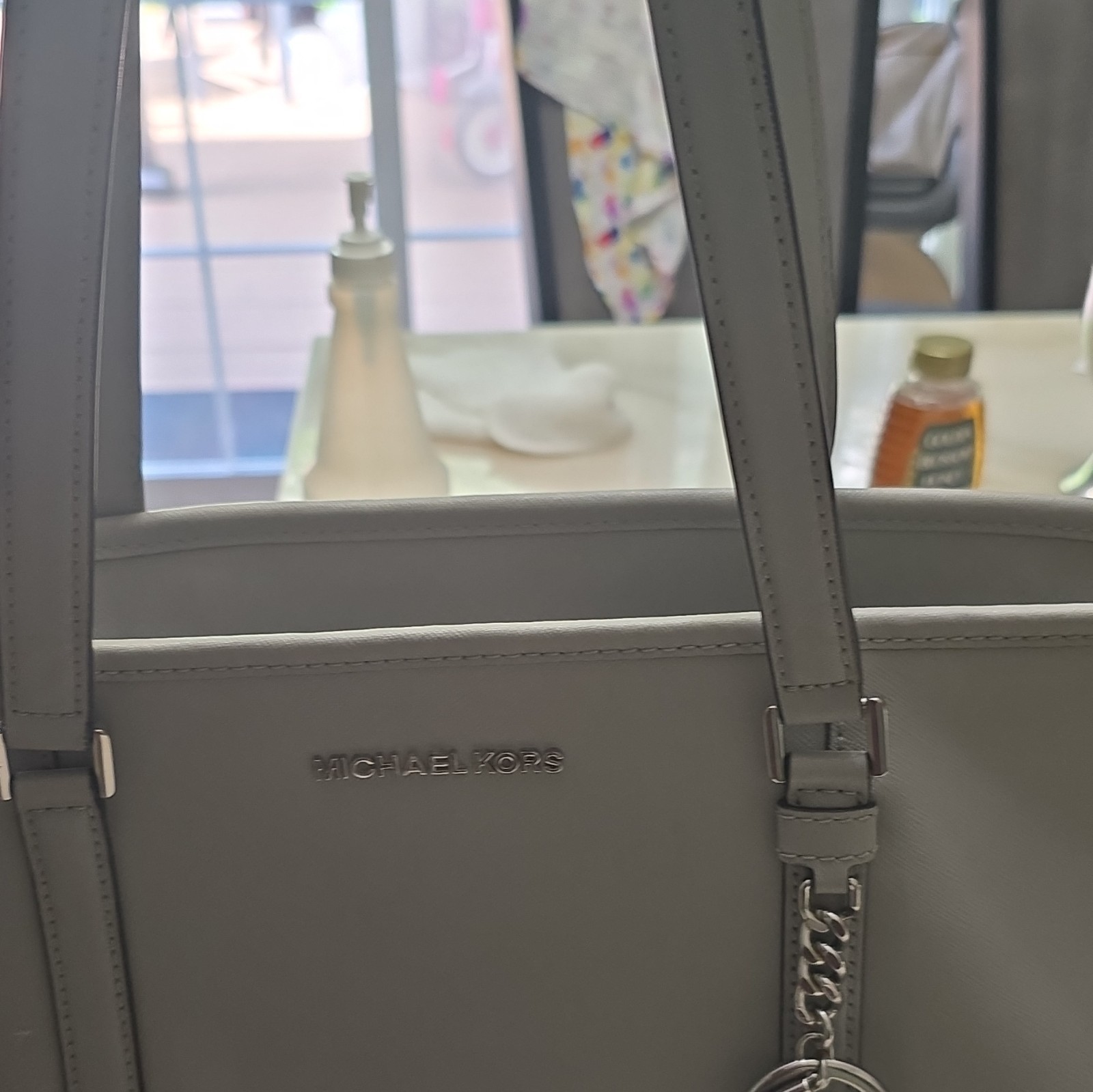Michael Kors Gray Tote Shoulder Bag Logo Pattern Silver Hardware Bag Charm